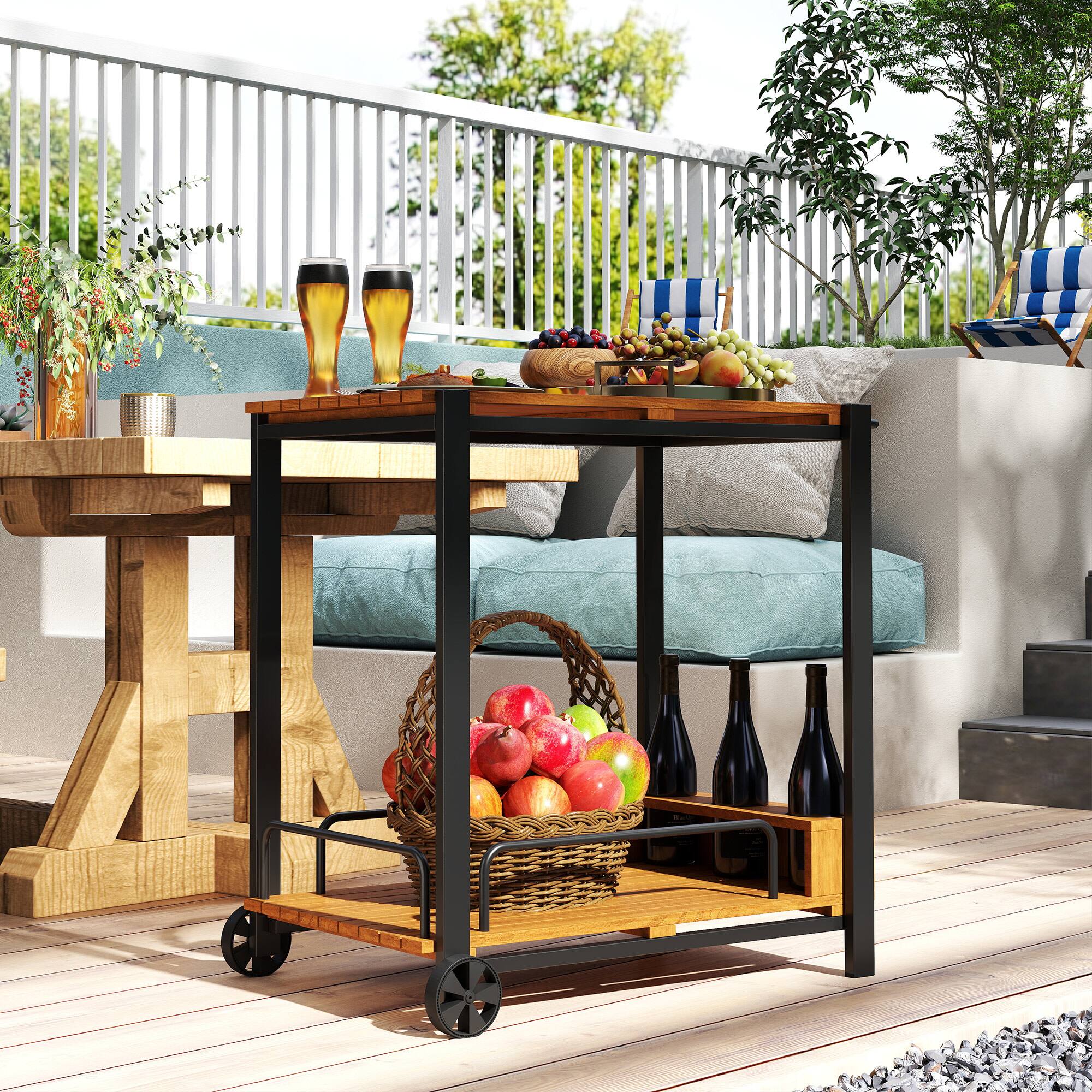 Alt View 7. Outsunny - Acacia Wood Outdoor Bar Cart, Rolling 2-Tier Outdoor Serving Cart with 3 Bottle Holders and 2 Wheels for Kitchen - Teak.