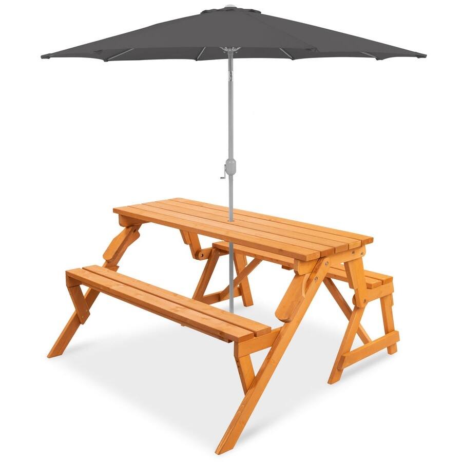 Alt View 1. Hivvago - Outdoor Interchangeable 2 in 1 Multi-Use Wooden Picnic Table Garden Bench Umbrella Hole - Light Brown.