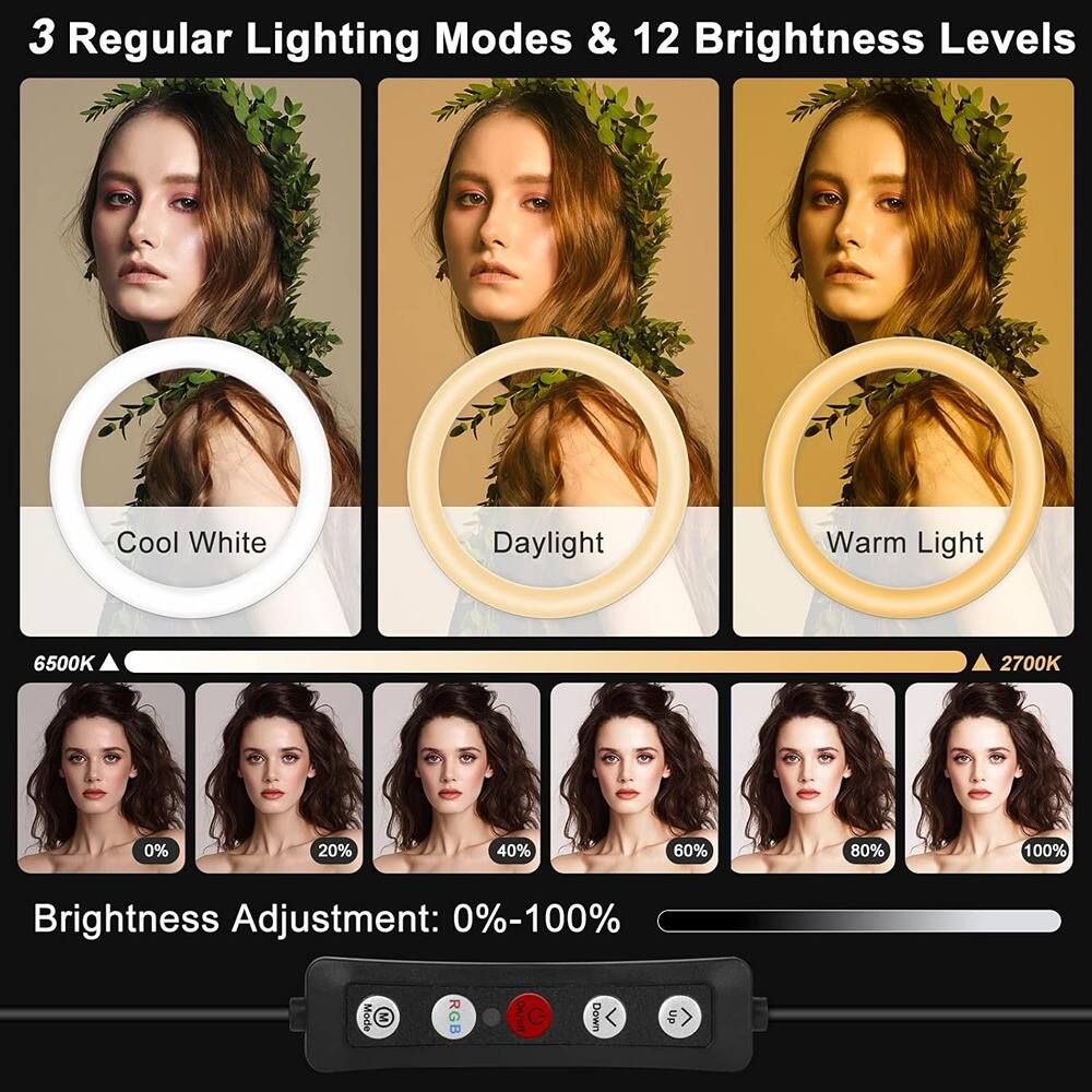 3 Regular Lighting Modes & 12 Brightness Levels

Cool White  
Daylight  
Warm Light

6500K  
2700K

Brightness Adjustment: 0%-100%

0%  
20%  
40%  
60%  
80%  
100%