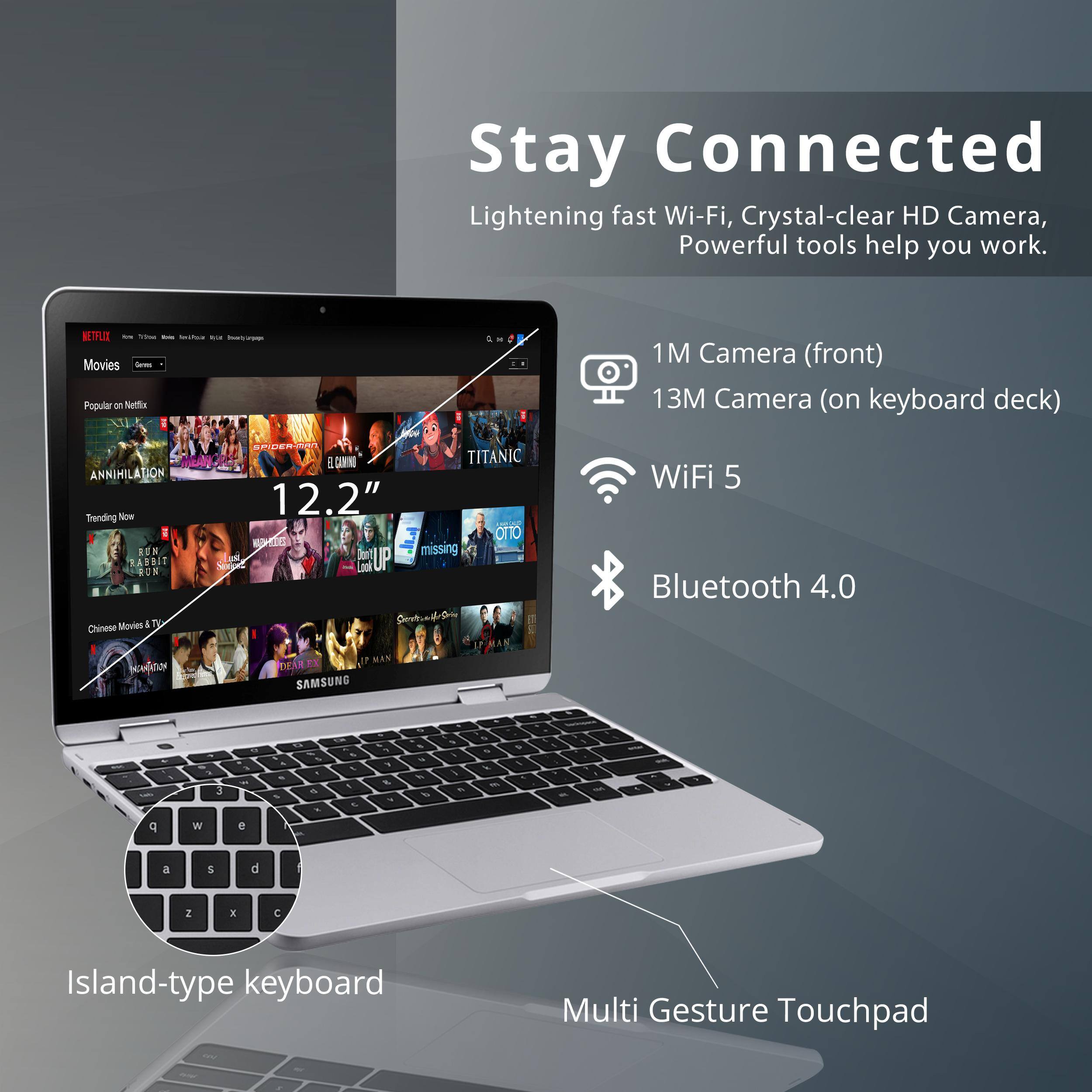Stay Connected  
Lightening fast Wi-Fi, Crystal-clear HD Camera, Powerful tools help you work.  

NETFLIX  
- Movies - Popular - Netfin  
1M Camera (front)  
13M Camera (on keyboard deck)  

ANNIHILATION  
Trending Now  
I BON RARBIO US Movies 1 TO Chinese NOUs SPIDENA BONN  
TITANIC  
12.2"  
missing HUP  
Bont Sea J0 Gontungphn - F MAN DEAR  

SAMSUNG  
WiFi 5  
Bluetooth 4.0  

Island-type keyboard  
Multi Gesture Touchpad