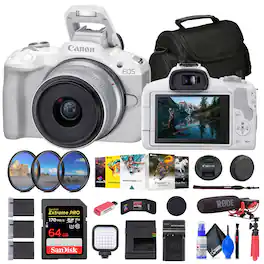 Canon - EOS R50 Mirrorless Camera with 18-45mm Lens + 64GB Card + Bag + More - White