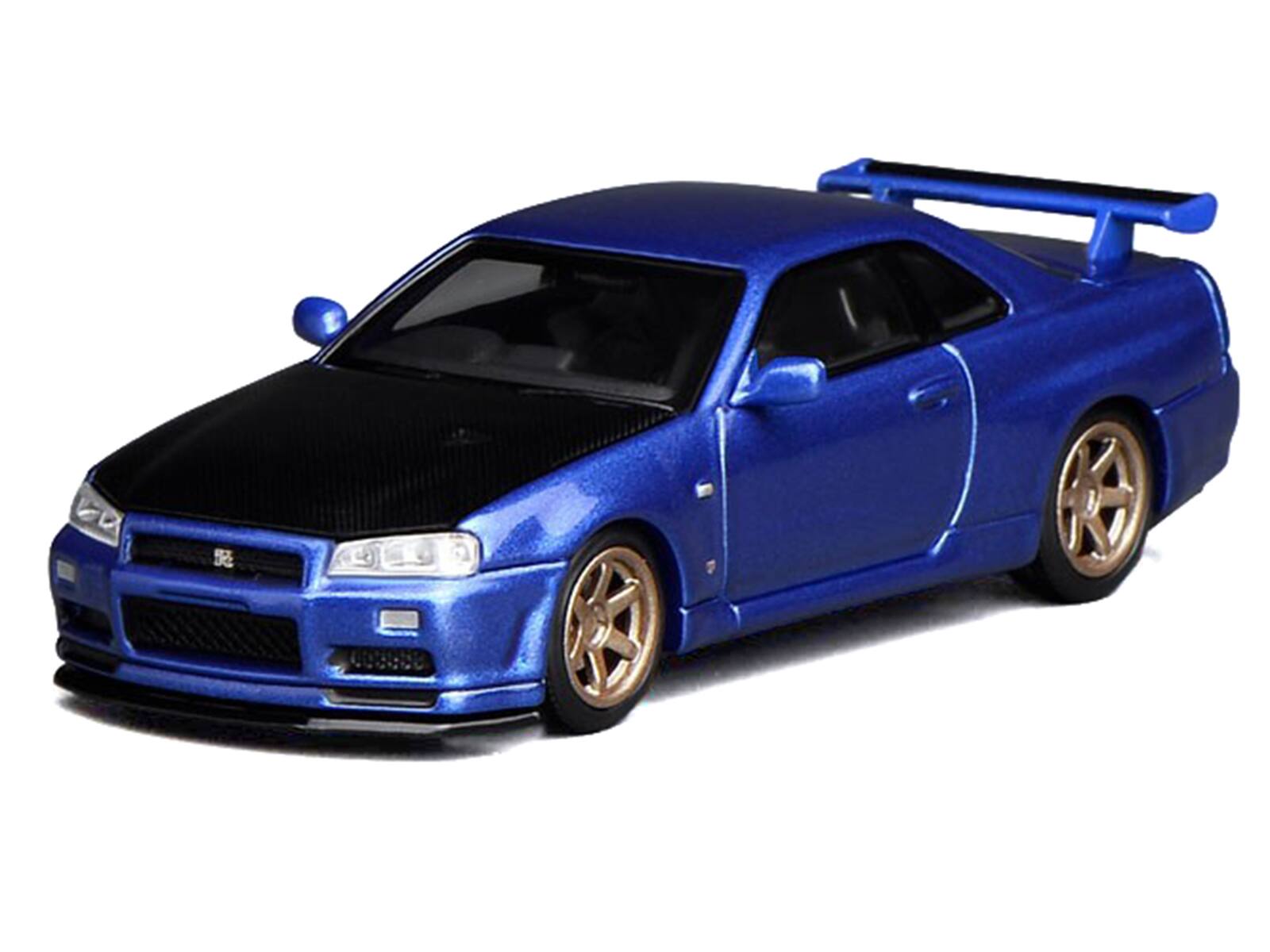 Alt View 3. MotorHelix - Nissan Skyline GT-R (R34) V-Spec II RHD Bayside Blue Metallic with Carbon Hood "Senior 64" 1/64 Model Car by MotorHelix.