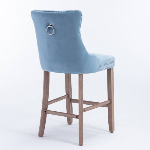 Left. LUCKY ONE - Assembled Velvet Bar Stool Set of 2 with Button Tufted Wood Legs Chrome Nailhead Trim - Light Blue.