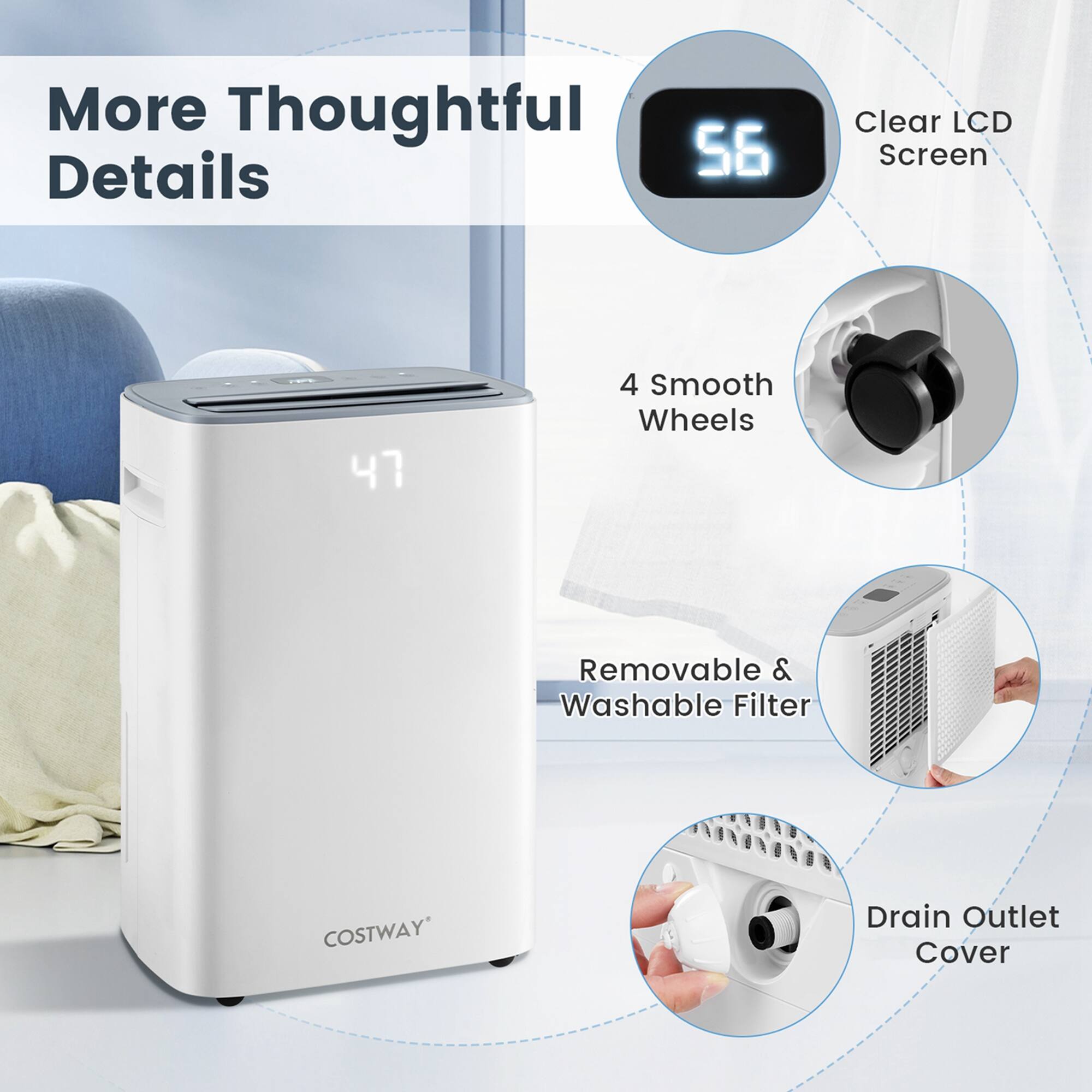 The text on the image is grouped and corrected as follows:

More Thoughtful Details:
- S6 Clear LCD Screen
- 4 Smooth Wheels
- Removable & Washable Filter
- Drain Outlet Cover

The image features a white appliance with a clear LCD screen, four smooth wheels, a removable and washable filter, and a drain outlet cover.