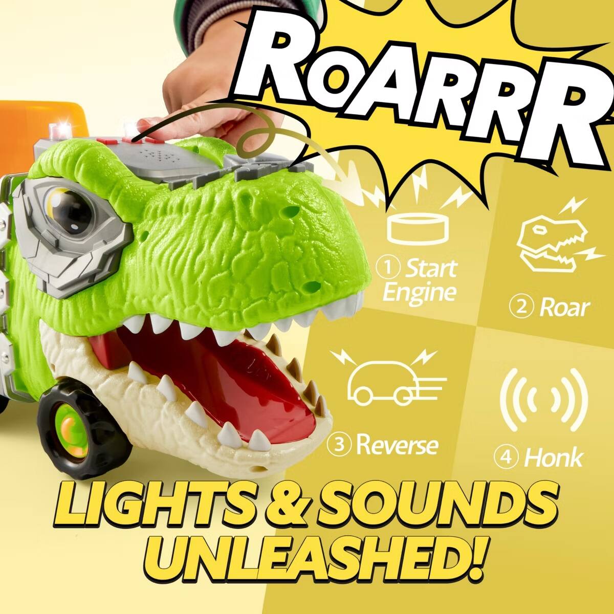 ROARRR

1. Start Engine
2. Roar
3. Reverse
4. Honk

LIGHTS & SOUNDS UNLEASHED!