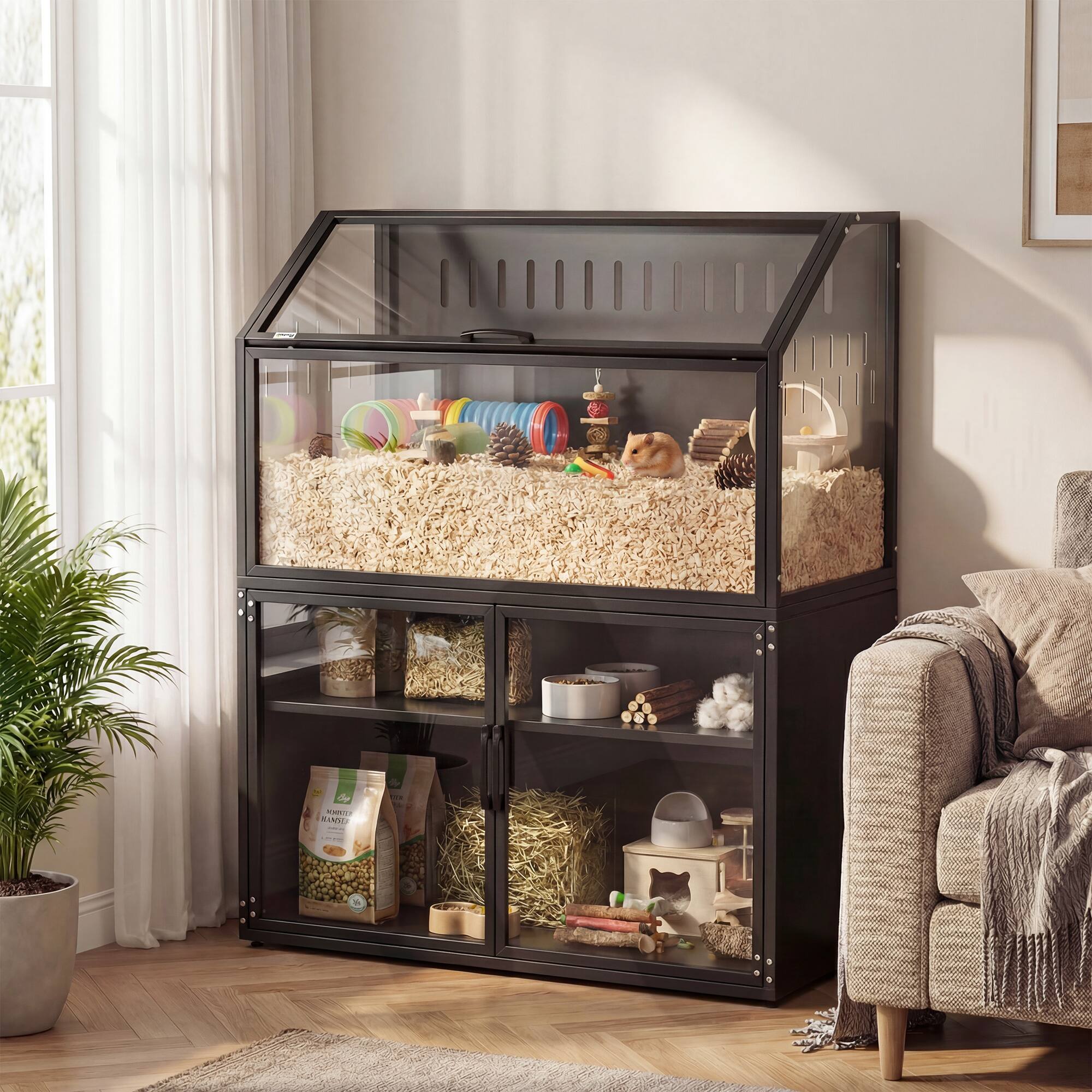 Alt View 1. Pawhut - Cage with Storage Cabinet, Small Animal Cage with Easy View Acrylic Panels and Openable Top - Black.