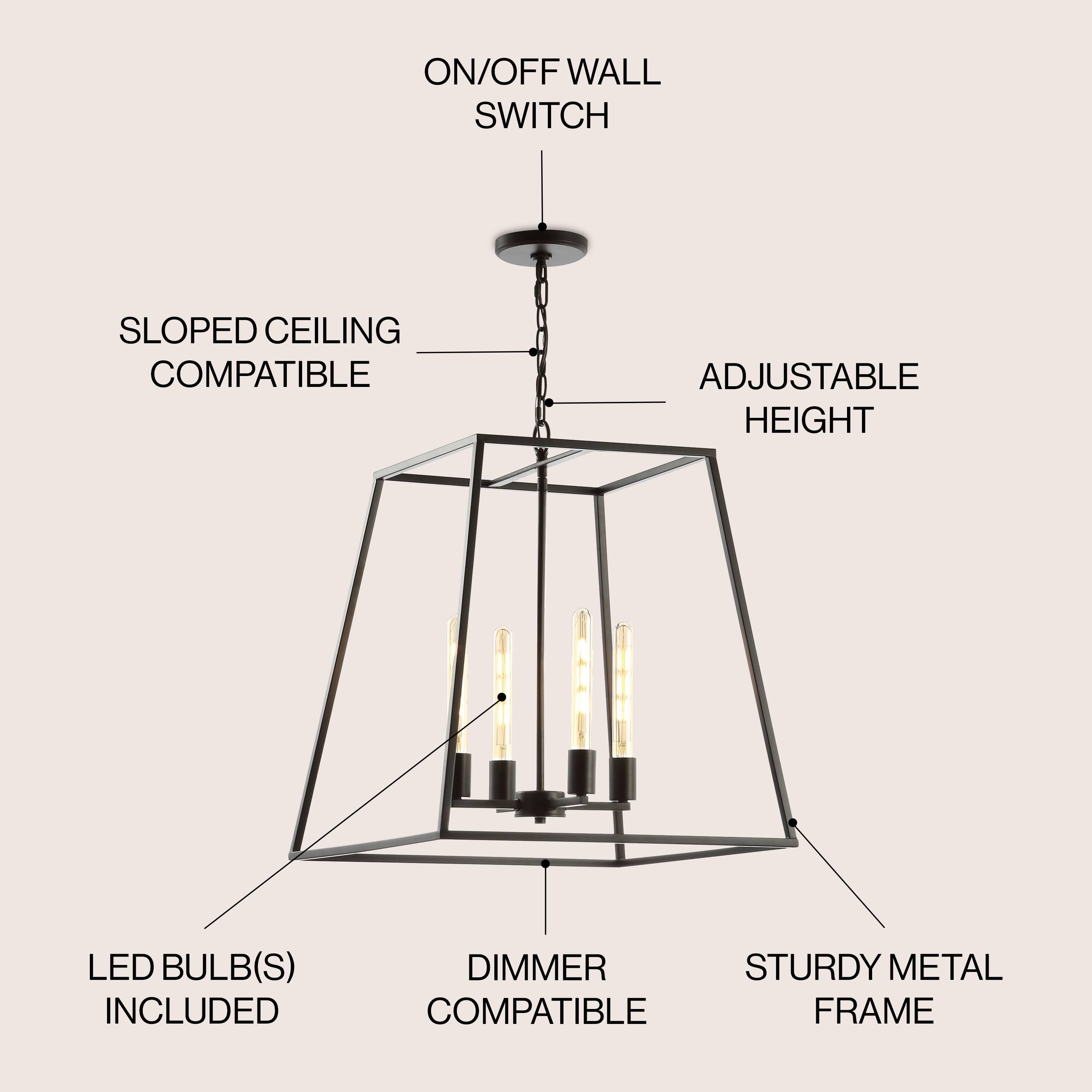 - ON/OFF WALL SWITCH
- SLOPED CEILING COMPATIBLE
- ADJUSTABLE HEIGHT
- LED BULB(S) INCLUDED
- DIMMER COMPATIBLE
- STURDY METAL FRAME
