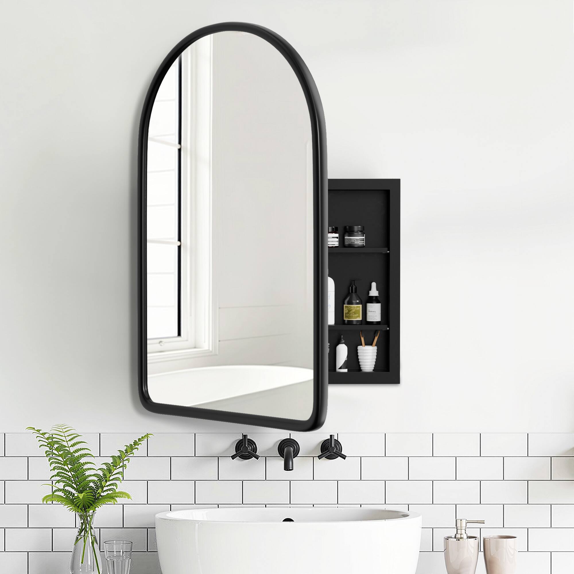 Alt View 2. PexFix - 24" x 35.8" Arch Bathroom Mirror Medicine Cabinet with Adjustable Shelves - Wood Frame, Recessed or Surface Mount - Black.