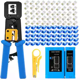 ACJPR - RJ45 Crimping Tool Kit with 50 Cat5e Pass-Through Connectors and Covers