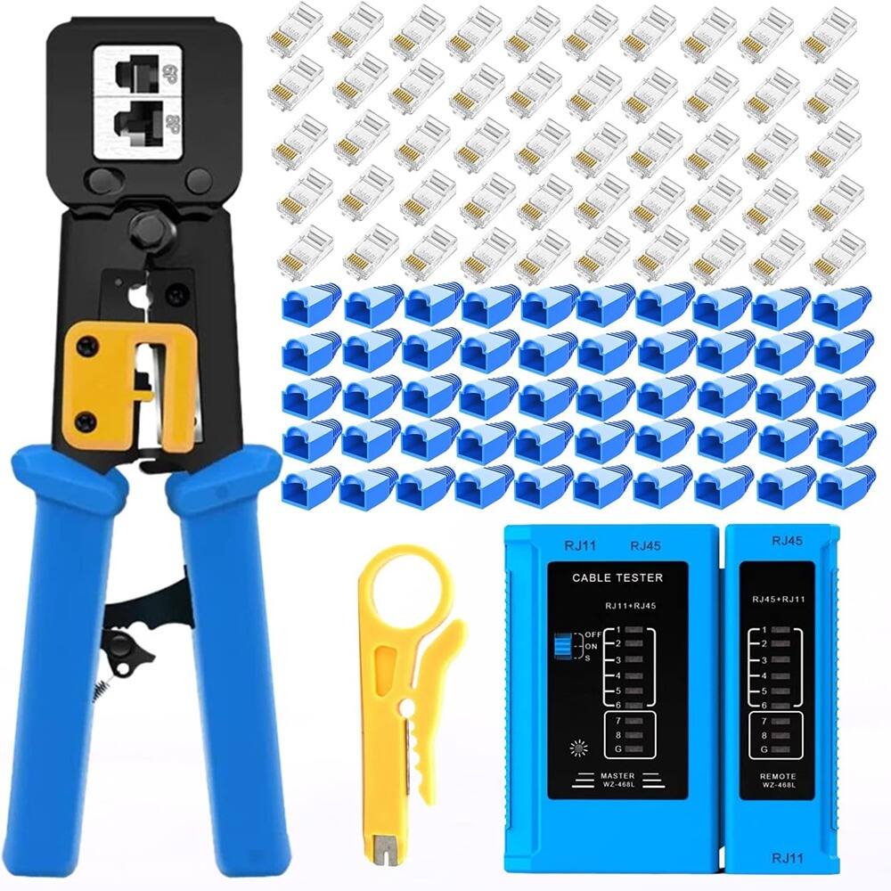 ACJPR - RJ45 Crimping Tool Kit with 50 Cat5e Pass-Through Connectors and Covers