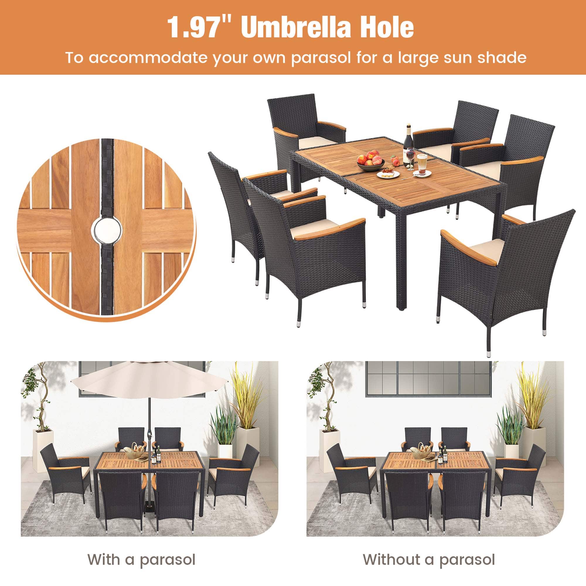 1.97" Umbrella Hole: To accommodate your own parasol for a large sun shade. With a parasol. Without a parasol.