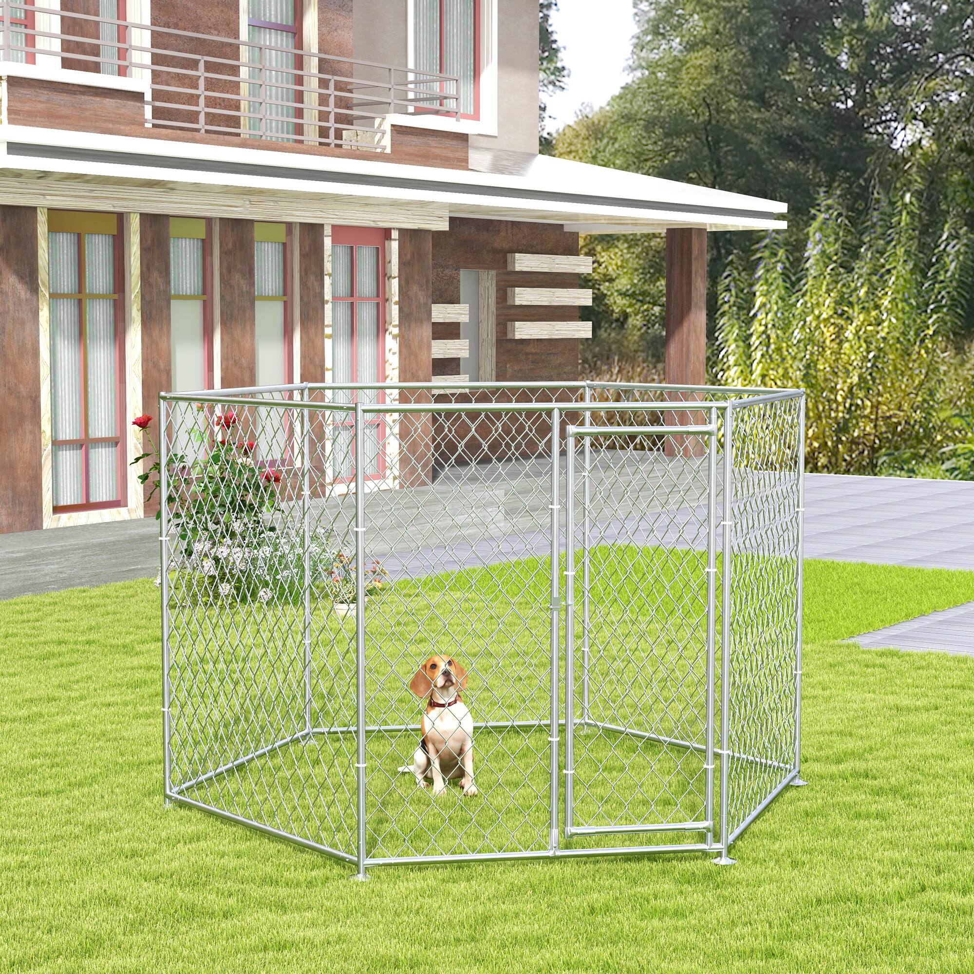 Alt View 4. Pawhut - 9.2' x 8' x 5.6' Outdoor Dog Kennel, Heavy Duty Chain Link Run Playpen Fence with Lockable Door, Medium & Large Puppy.