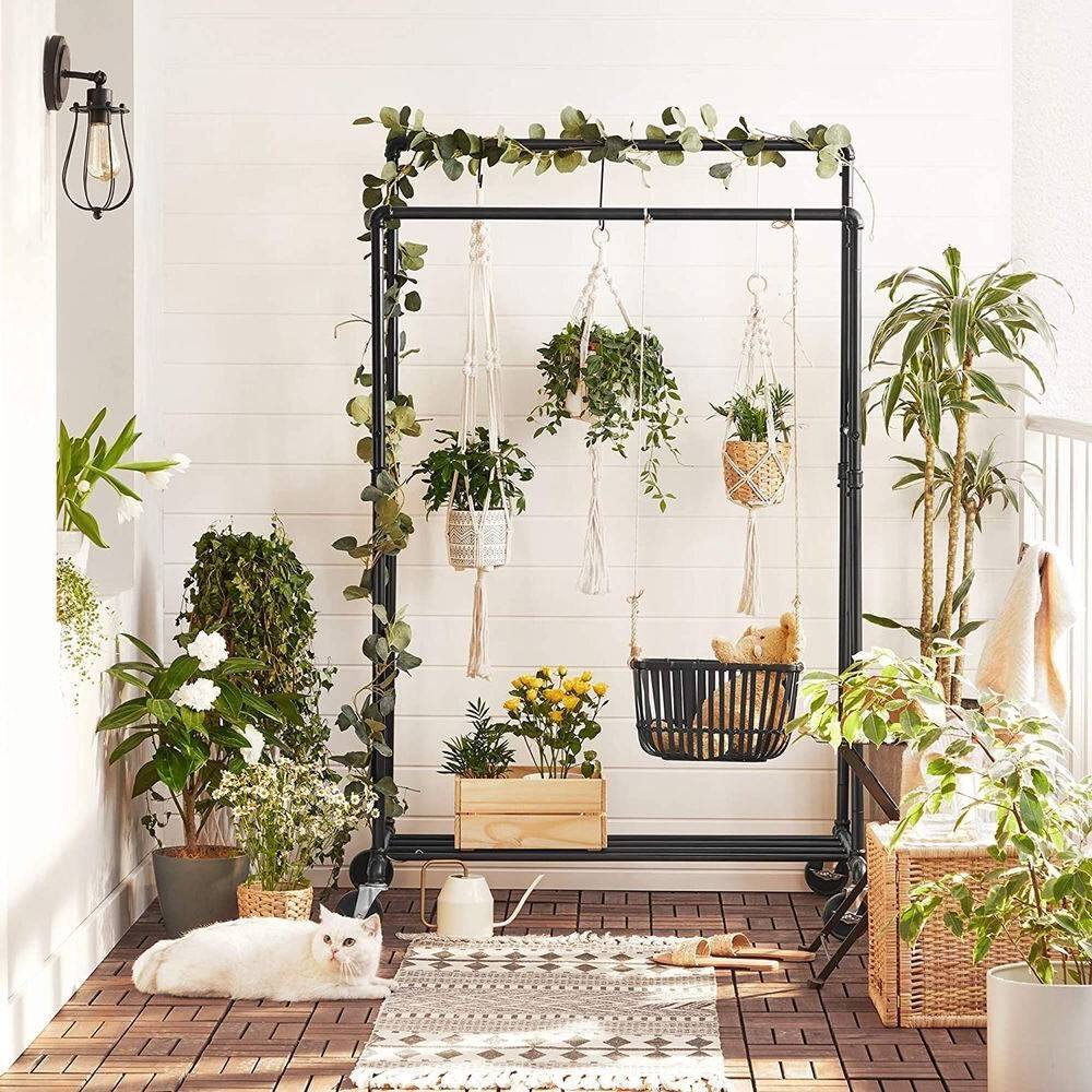 Back. Hivvago - Heavy Duty Rustic Pipe Black Double-Rail Clothes Garment Rack w/ Locking Wheels - Black.