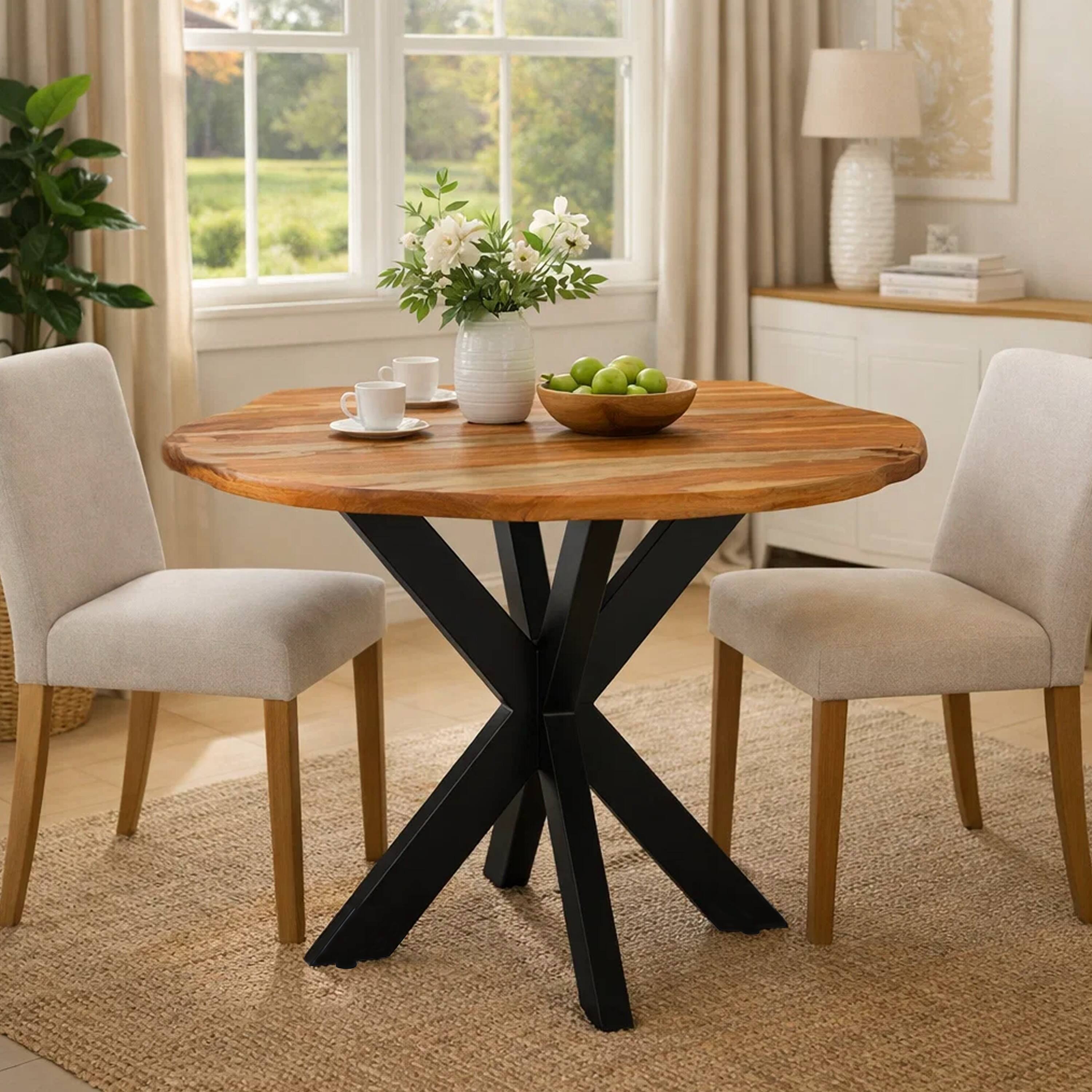 Alt View 9. Manhattan Lane - Kuri 41 Inch Handcrafted Live Edge Round Dining Table with a Natural Brown Acacia Wood Top and Black Iron Legs - Brown, Black.