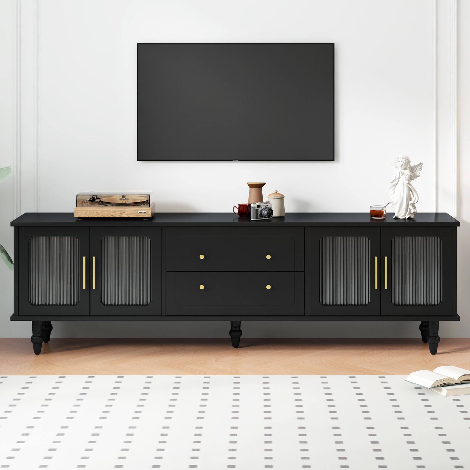Alt View 7. Ecooso - Retro Design TV Stand with Fluted Glass Doors for TVs Up to 78'', Practical Media Console with 2 Drawers and Cabinets - Black.