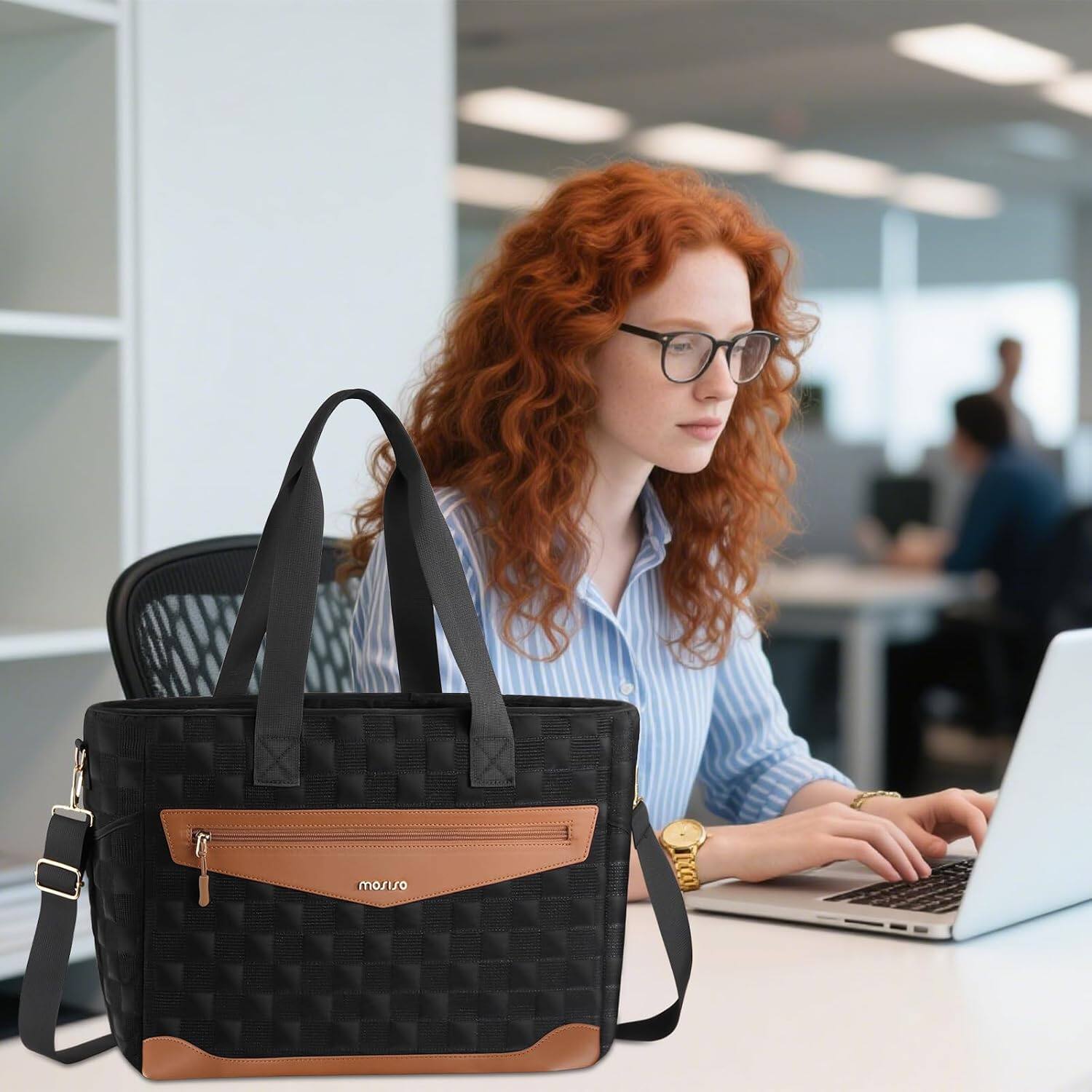 Left. mosiso - Laptop Tote Bag for Women 15-16 Inch Laptop Work Bag with Trolley Sleeve & Laptop Compartment for Office College Teacher - Black.