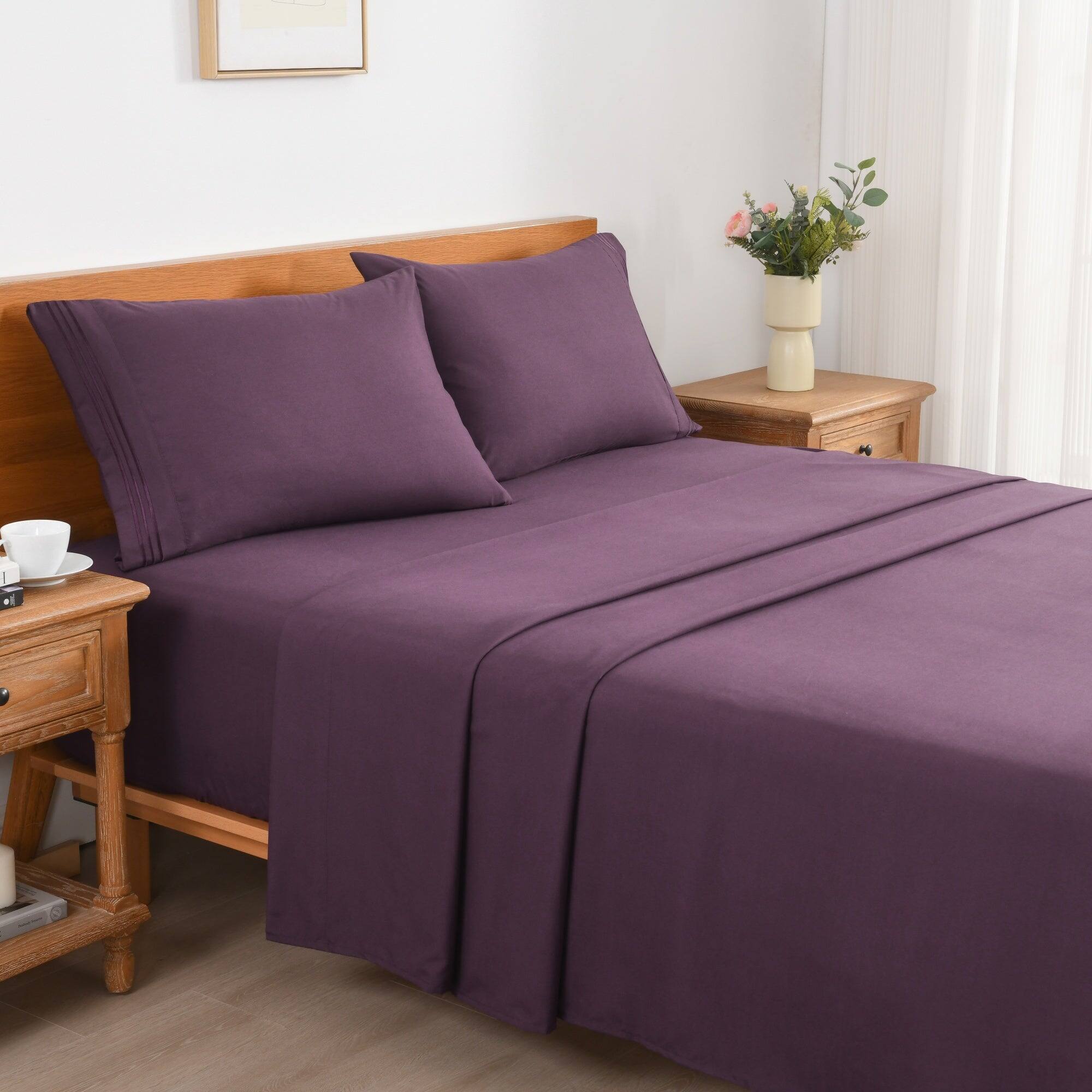Left. MarCielo - Marcielo 3/4 Pcs Soft Solid & Embroidery Bed Sheets Set - Dark Purple.