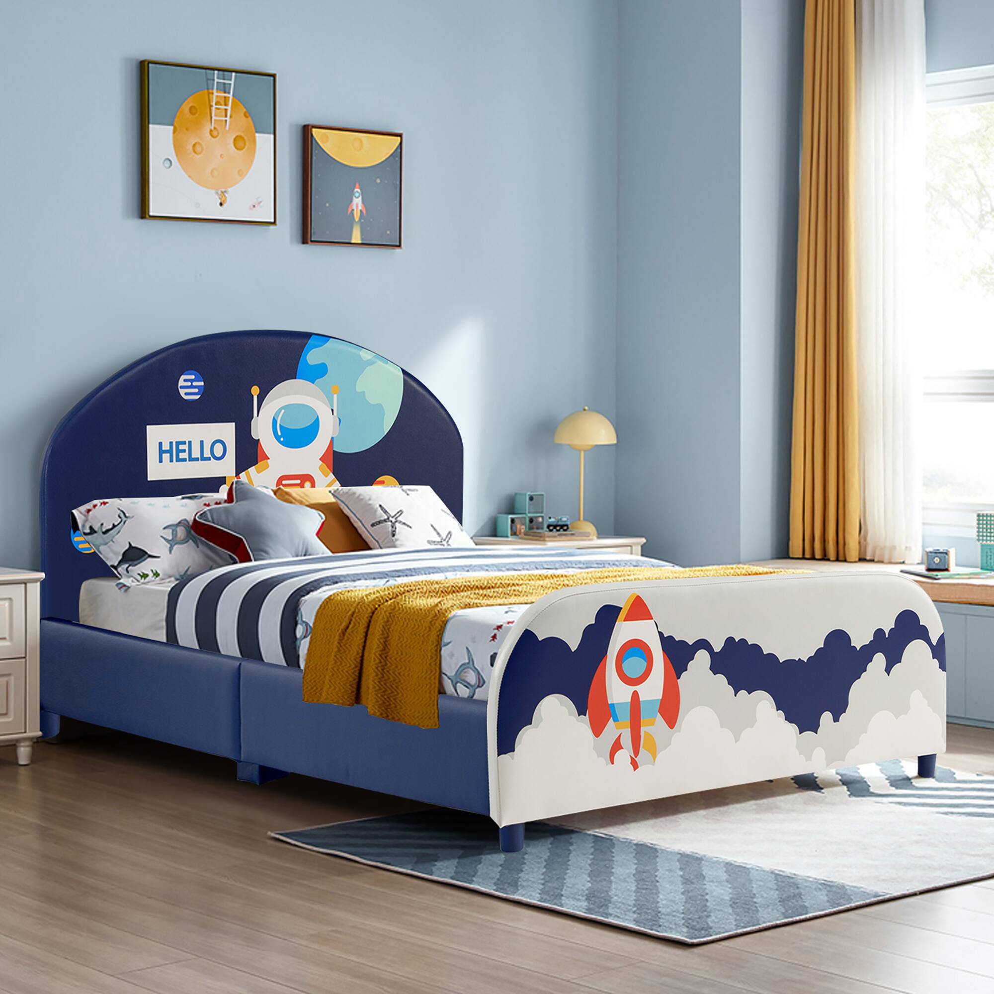 Alt View 1. Costway - Costway Kids Upholstered Platform Bed Children Twin Size Wooden Bed Astronaut Pattern - Blue.