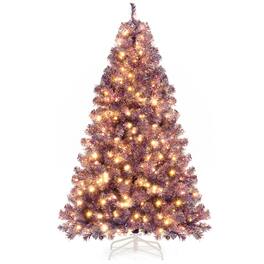 Gymax - 6 FT Pre-Lit Tinsel Christmas Tree Artificial Xmas Tree w/ 688 Lush Branch Tips Deep - Purple