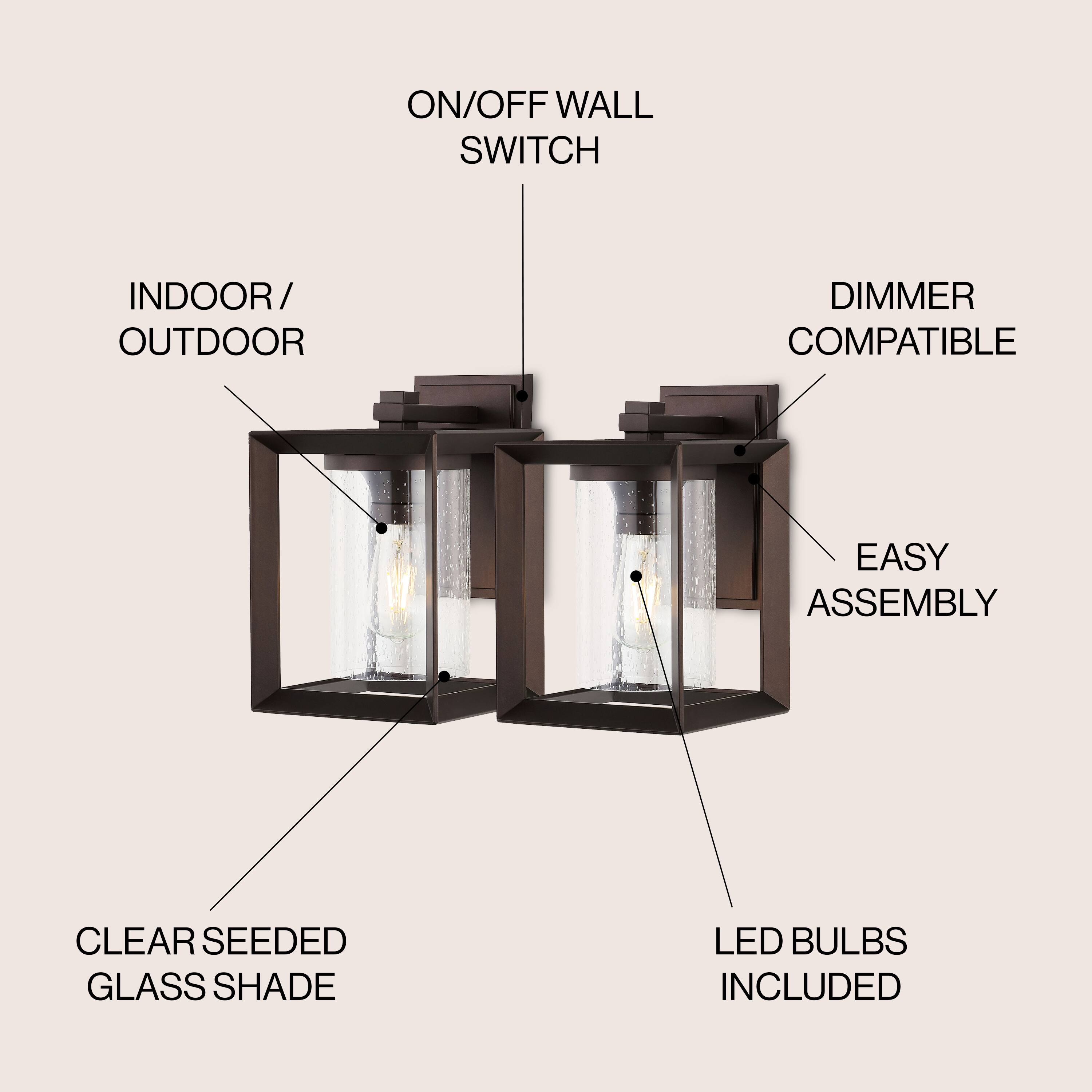 ON/OFF WALL SWITCH  
INDOOR/OUTDOOR  
DIMMER COMPATIBLE  
EASY ASSEMBLY  
CLEAR SEEDED GLASS SHADE  
LED BULBS INCLUDED