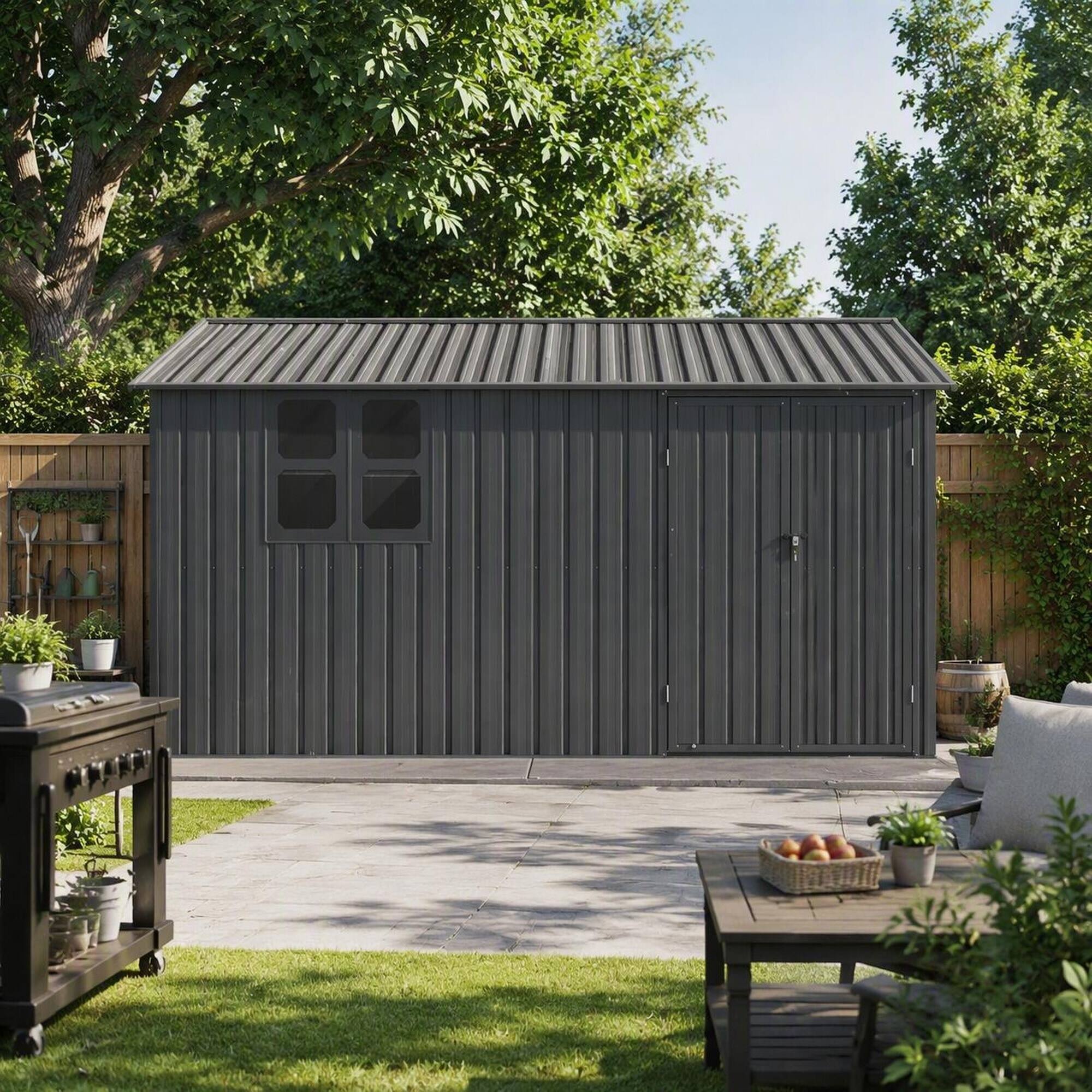 Left. RYHNUYNE - 12x10 Ft Grey Metal Shed Window Shelves Worktable Hinged Door Padlock Garden Yard - Grey.
