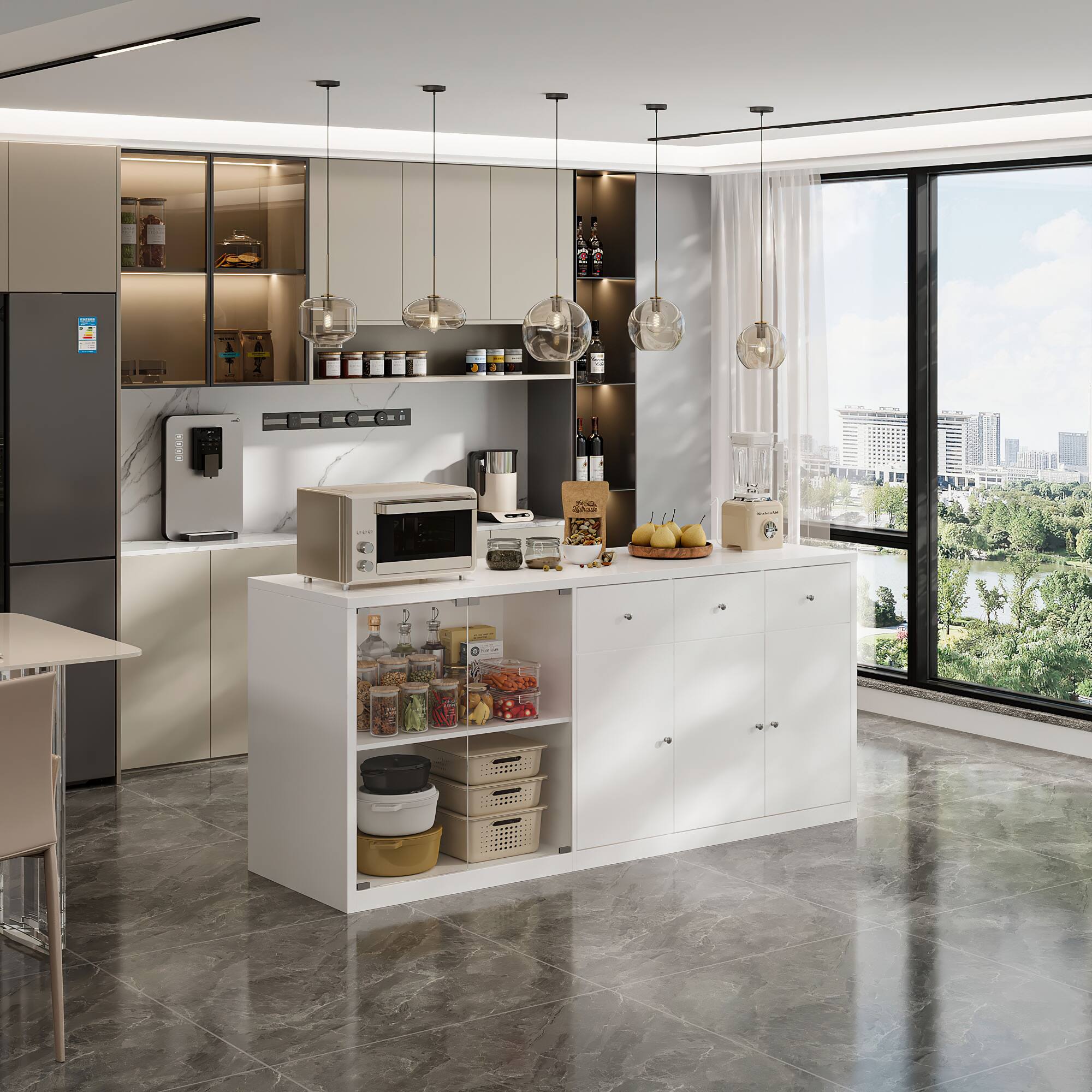 Alt View 8. FUFU & GAGA - Multi-Functional Kitchen Storage Cabinet with Glass Doors, Buffet Sideboard and Island Table for Dining Room - White.