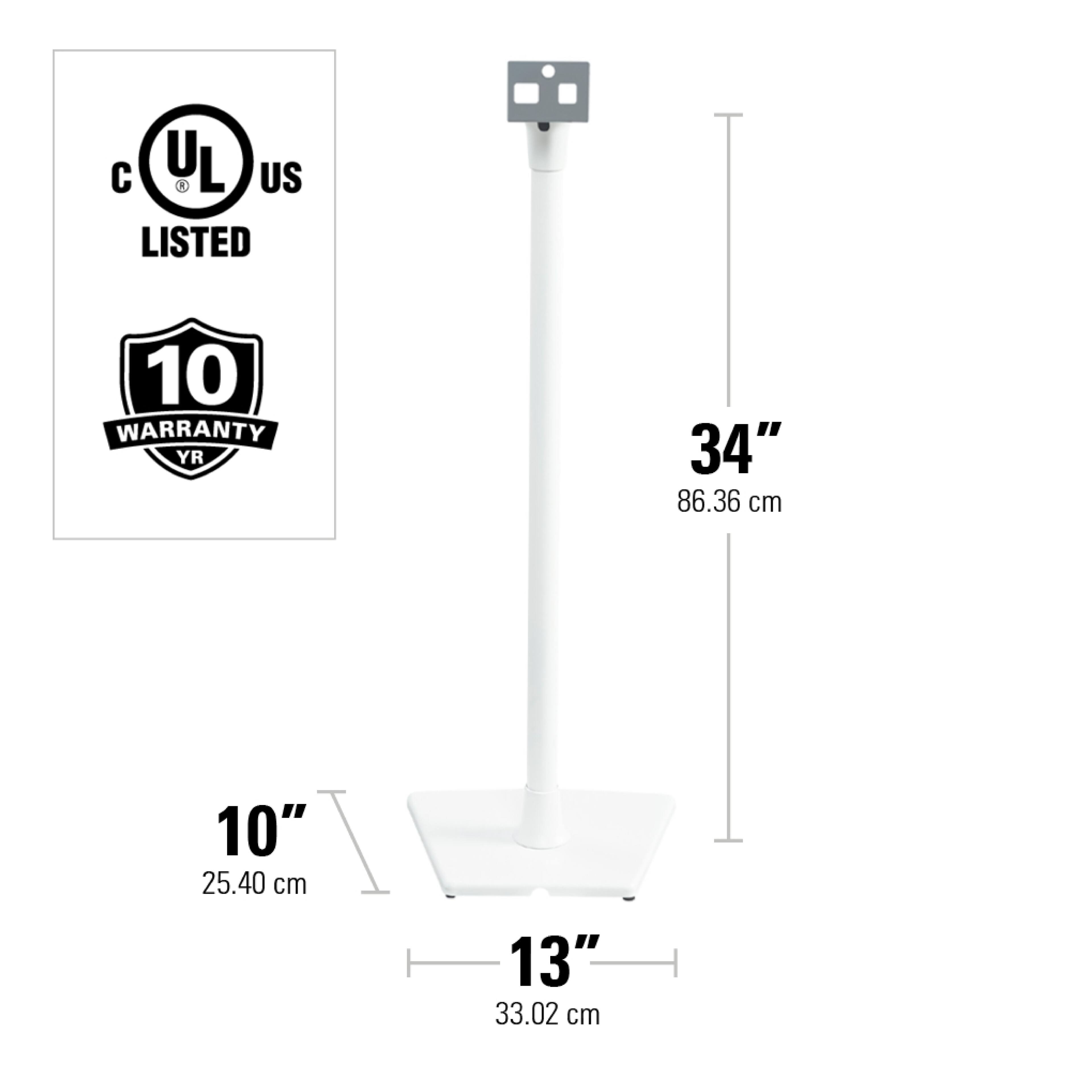 The image features a white pole with a black top, which is a baseball stand. The pole is 34 inches tall, and it is listed with a 10-year warranty. The stand is designed to hold a baseball bat securely in place.