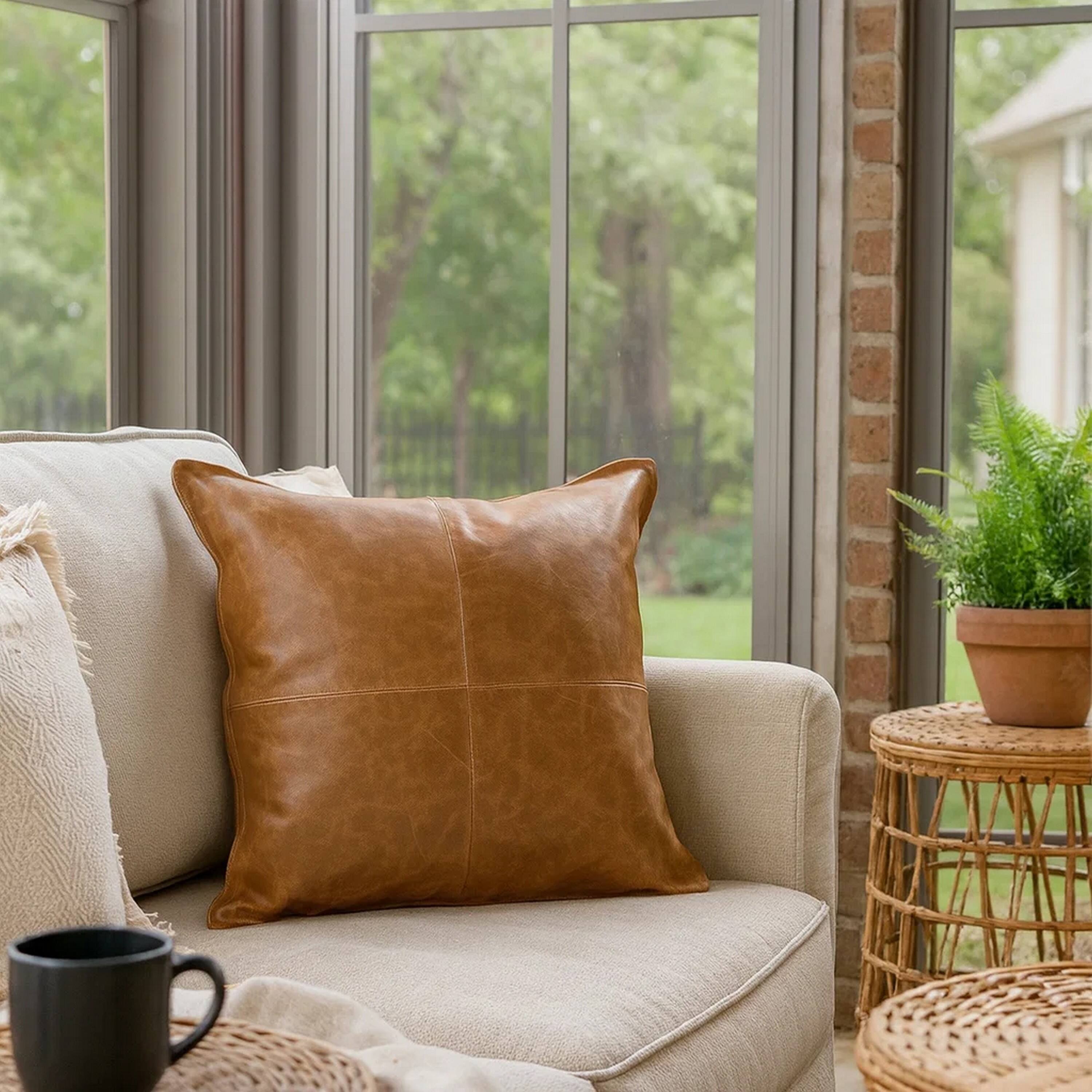 Alt View 3. Manhattan Lane - Square Leatherette Throw Pillow with Stitched Details - Brown.