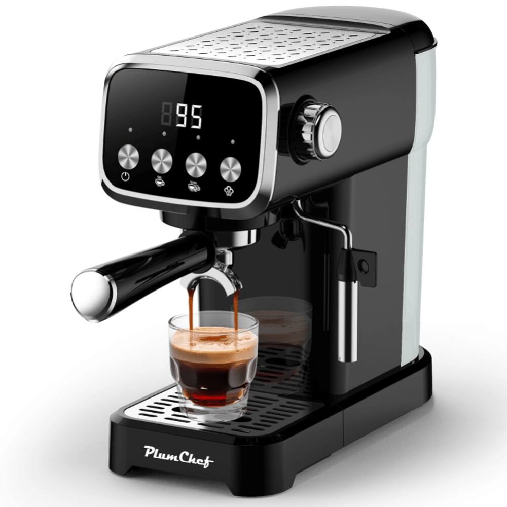 Left. Plum Chef - 20 Bar Espresso Machine with Milk Frother, 1350W Compact Home Coffee Maker, Built-in Cup Thermometer, Black - Black.