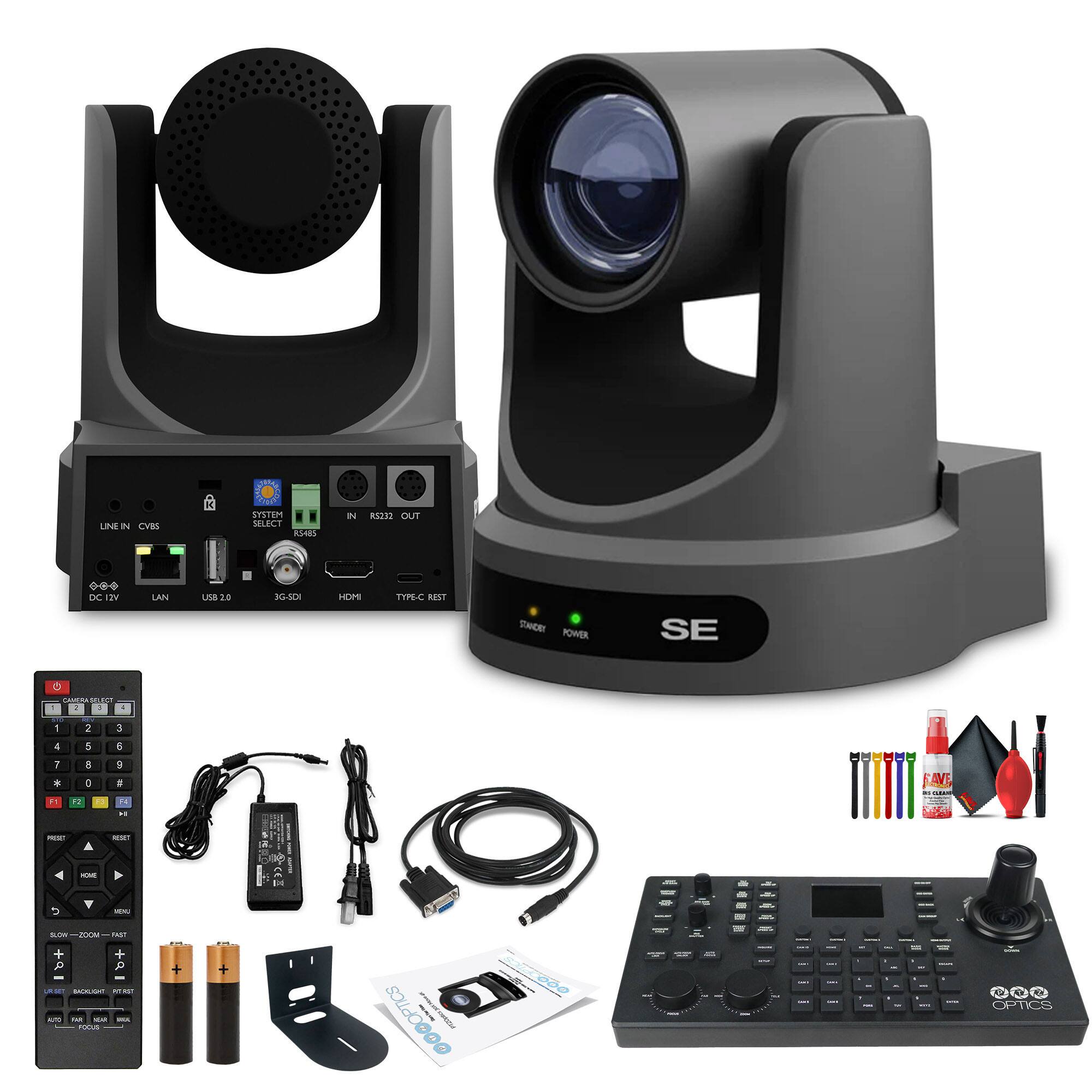 Sure, here is the corrected and grouped text from the image:

**Main Device:**
- LINE IN CVBS
- SYSTEM SELECT RS485
- IN RS232 OUT
- DC 12V
- LAN
- USB 2.0
- 3G-SDI
- HDMI
- TYPE-C RESET

**Camera:**
- POWER
- SE

**Remote Control:**
- 1 2 3 4 5 6 7 8 9 0
- * #
- F1 F2
- SAVE
- MENU
- HOME
- PRESET
- RESET
- SLOW-ZOOM
- FAST-ZOOM
- AUTO
- FOCUS
- OPTICS

**Additional Components:**
- USB 2.0
- TYPE-C
- HDMI
- LAN
- DC 12V

**Other Items:**
- USB 2.0
- TYPE-C
- HDMI
- LAN
- DC 12V
- USB 2.0
- TYPE-C
- HDMI
- LAN
- DC 12V

**Software:**
- QOOPTICS

**Accessories:**
- USB