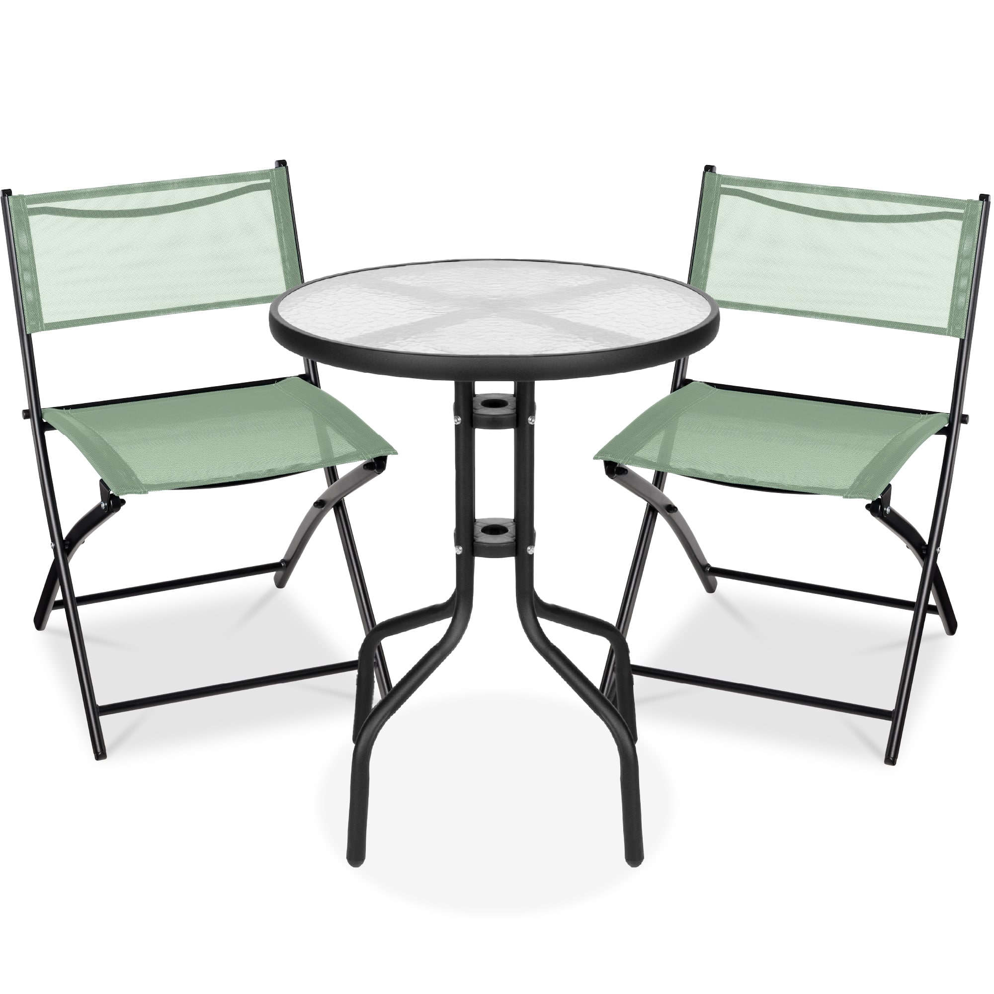 Best Choice Products - 3-Piece Patio Bistro Dining Furniture Set w/ Glass Tabletop, Folding Chairs - Sage