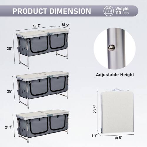 PRODUCT DIMENSION  
Weight: 110 LBS  
47.2" x 18.5" x 28"  
Adjustable Height: 25" to 23.6" to 21.3"  
3.9" x 18.5"