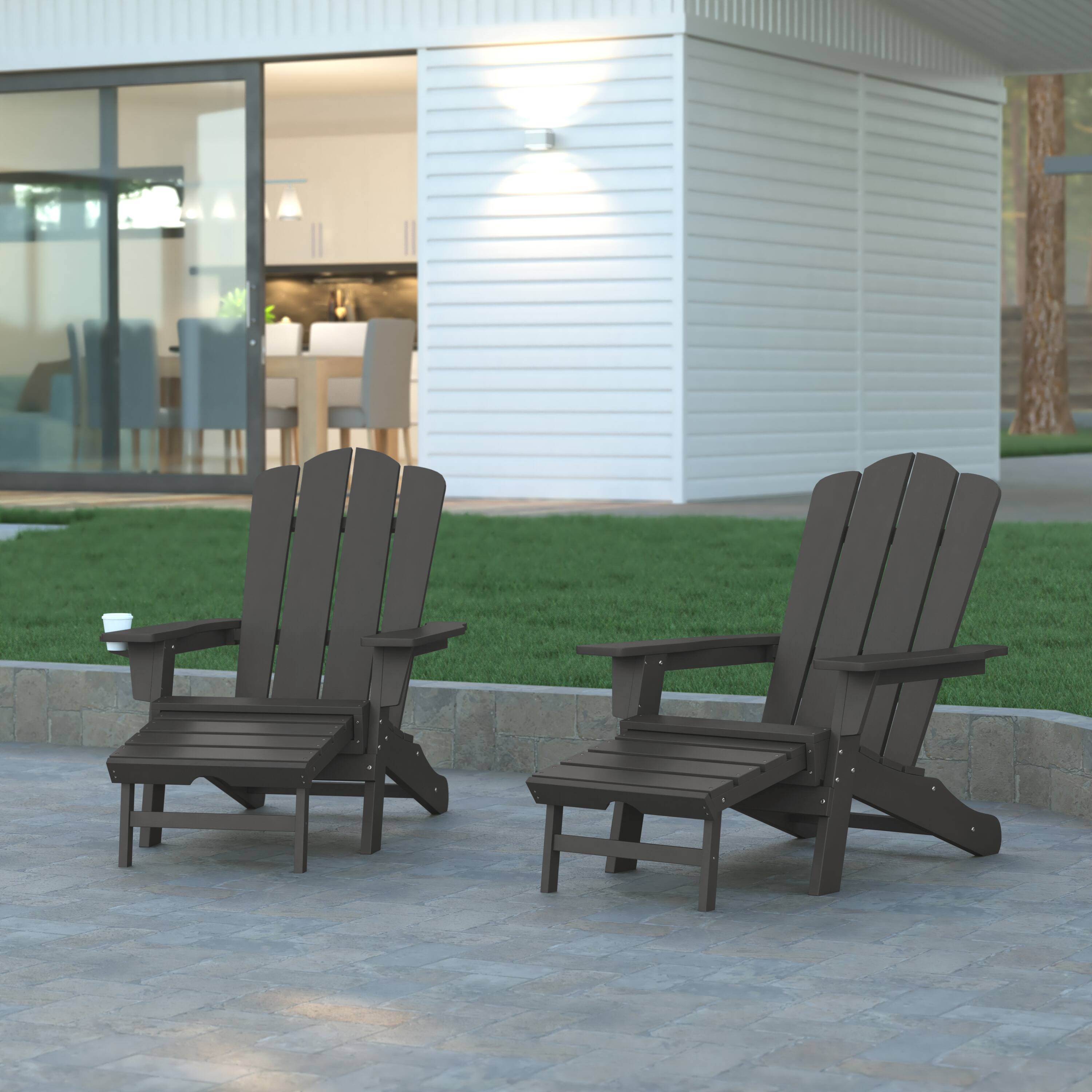 Alt View 2. Emma + Oliver - Tiverton Set of 2 Adirondack Chairs with Cup Holders and Pull Out Ottoman, All-Weather HDPE Indoor/Outdoor Lounge Chairs - Gray.