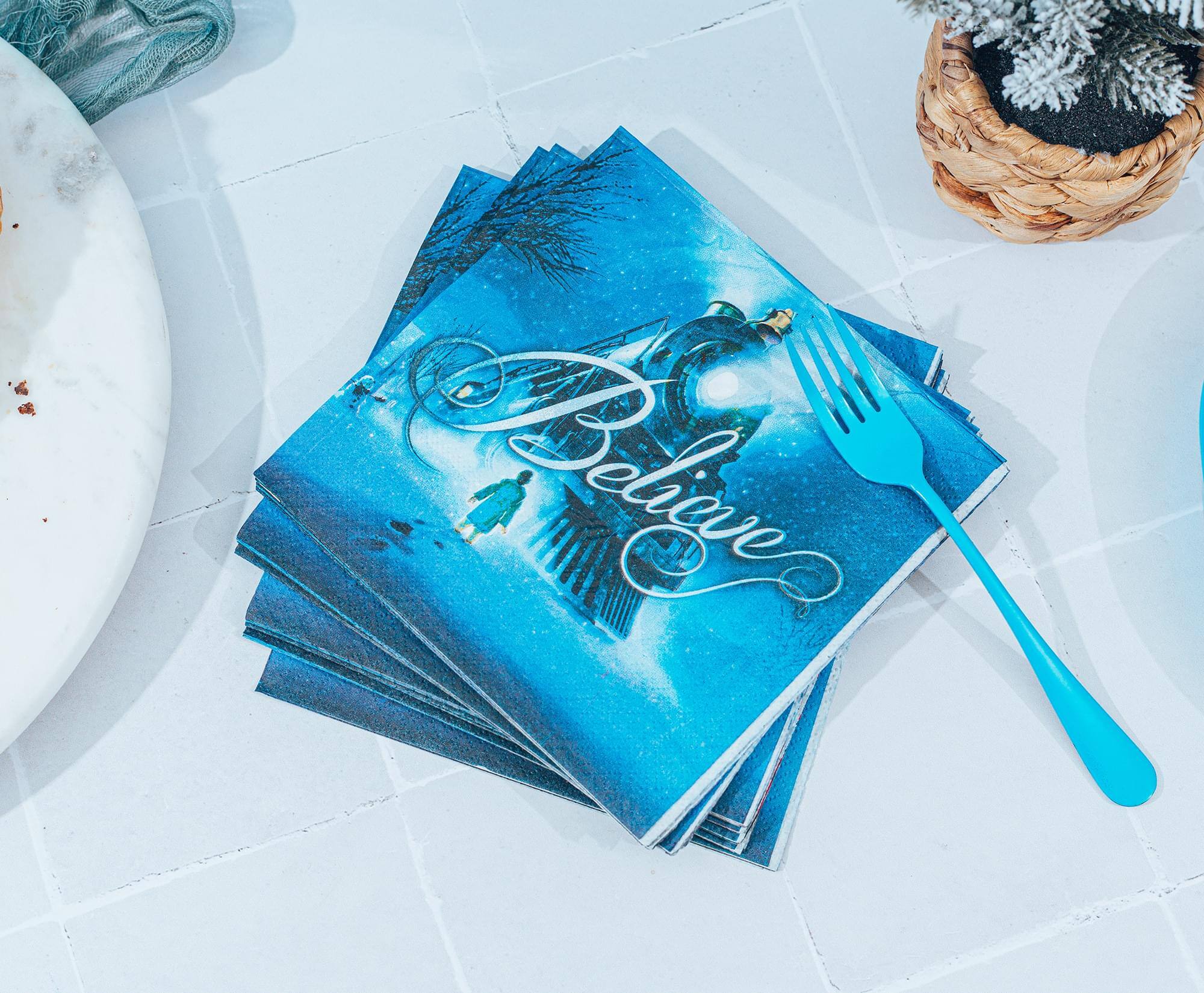 Alt View 4. Silver Buffalo - The Polar Express Train Arrival "Believe" 16-Piece Paper Napkins Set - Blue.