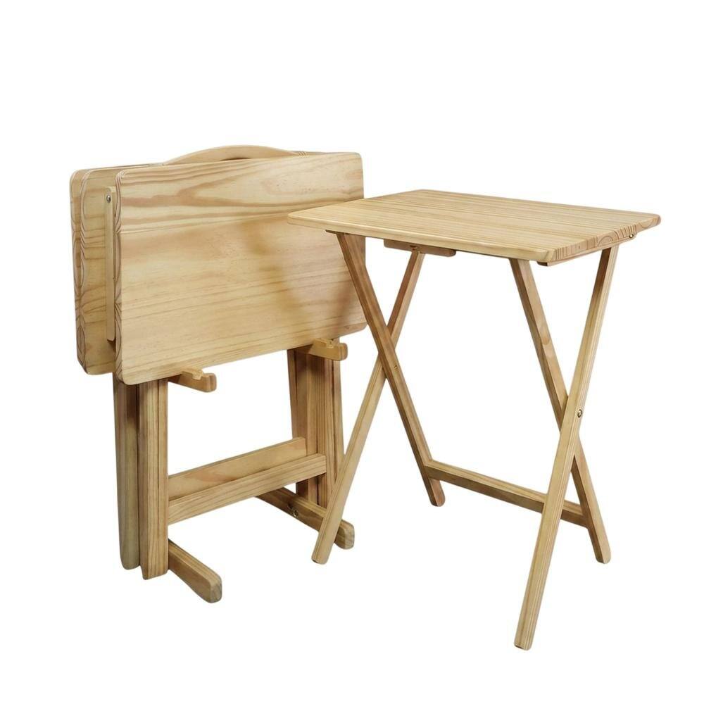 Back. FurniFact - Brown Wooden 5pcs Folding Tables Set with Stand – TV Trays Set of 4 - Natural.