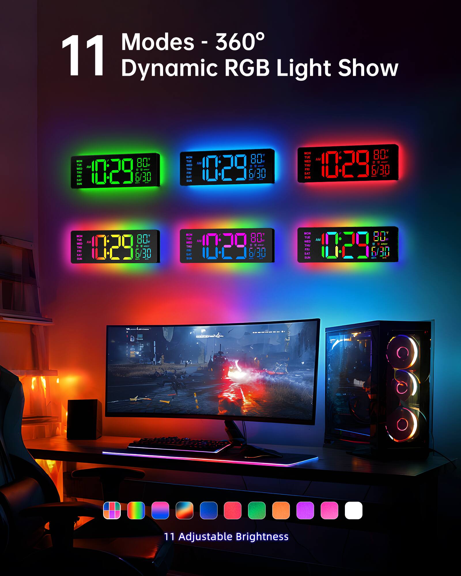11 Modes - 360° Dynamic RGB Light Show

11 Adjustable Brightness