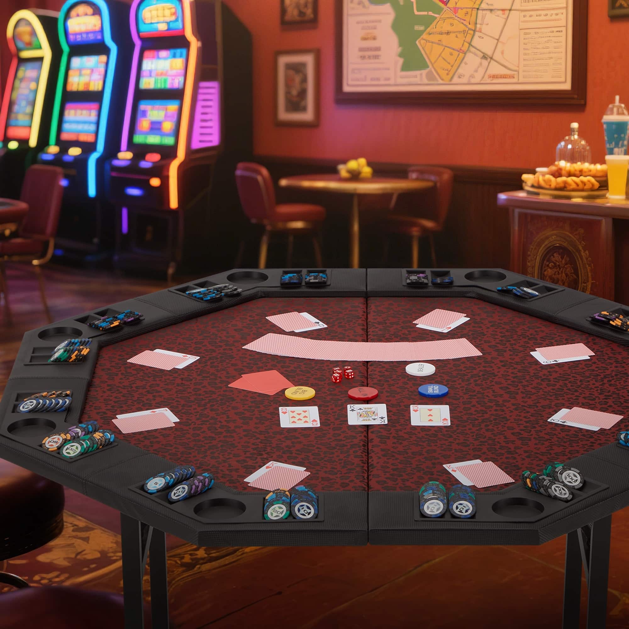 U-HOMY - Foldable 8-Player Poker Table with Cup Holders and Chip Trays, Portable Folding Card Table for Game Nights
