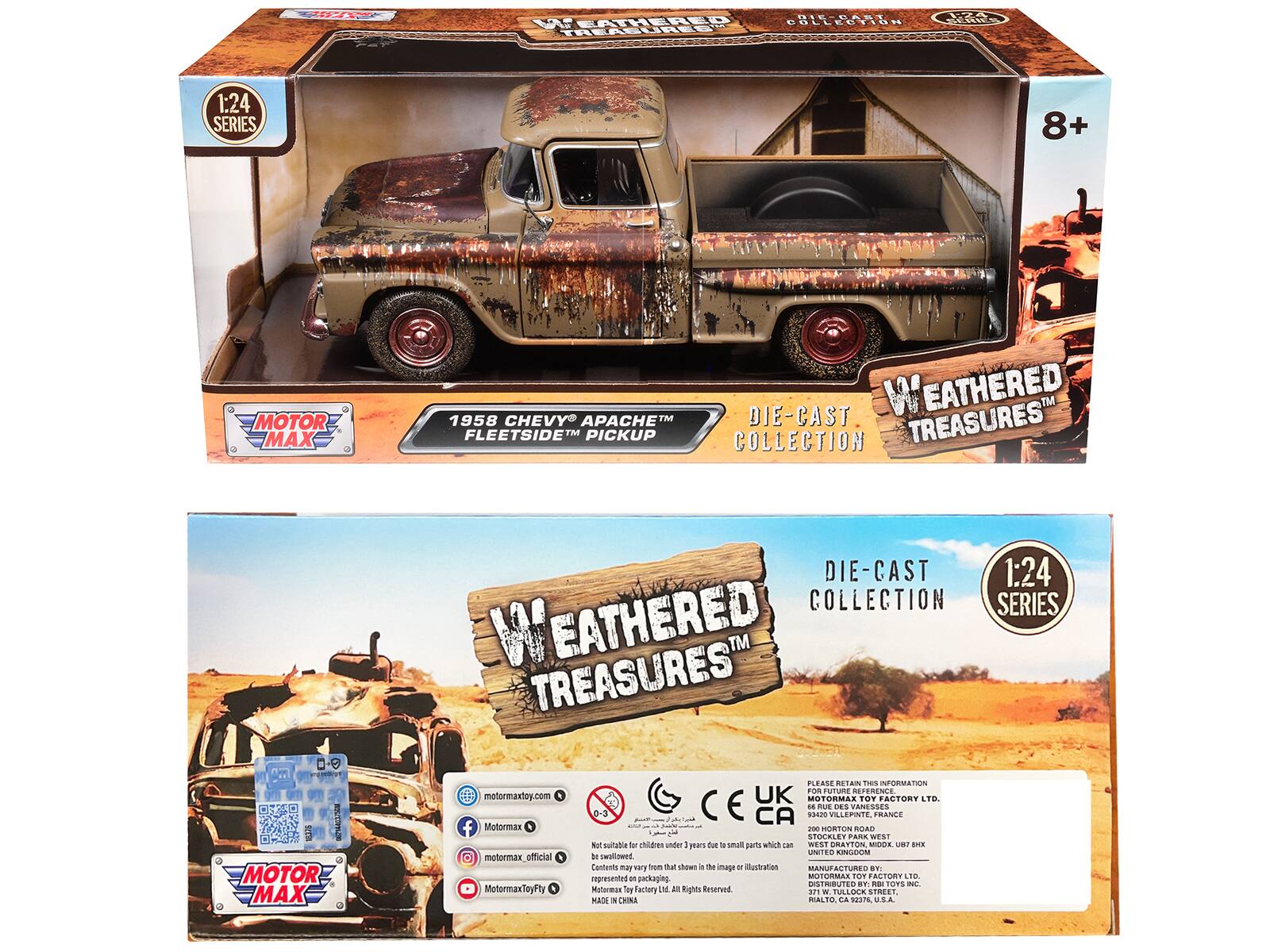 HE BIEBAST W EATHERED ULLECTIO TREAEUREE adi SEAA 1:24 SERIES 8+ MOTOR MAX 1958 CHEVY APACHE DIE-CAST WEATHERED TREASURES TM FLEETSIDEM FMF PICKUP COLLECTION DIE-CAST 1:24 COLLECTION SERIES WEATHERED TM TREASURES" I MOTOR MAX motormaxtoy.com f Motormax metormax MotormaxToyFty PLEASE RETAIN THIS INFORMATION FOR UTILITY PURPOSES UK MOTORMA TOY FACTORY LTB 0-3 CE CA 18 RNre BARE VILLEPINTE DES VANESSES FRRANCE P HORTON ROAD STOCALEY PARE WEST Not suitable for children under 7 years due to small parts which can be swallowed. Contents may vary from that shown in the image or illustration. MANUFACTURED BY: Motormax Toy Factory Ltd. All Rights Reserved. MADE IN CHINA