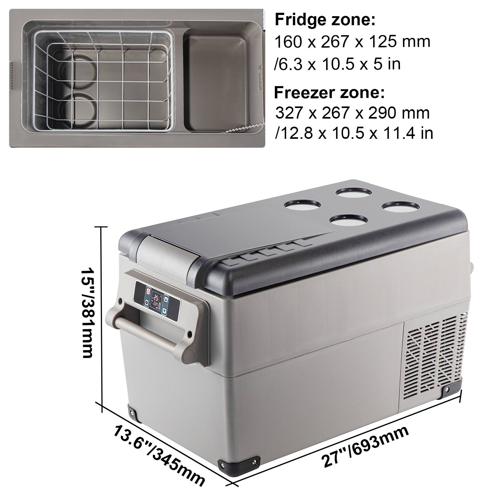 Fridge zone: 160 x 267 x 125 mm / 6.3 x 10.5 x 5 in  
Freezer zone: 327 x 267 x 290 mm / 12.8 x 10.5 x 11.4 in  

Dimensions:  
- 15" / 381 mm  
- 13.6" / 345 mm  
- 27" / 693 mm  
- 27" / 693 mm