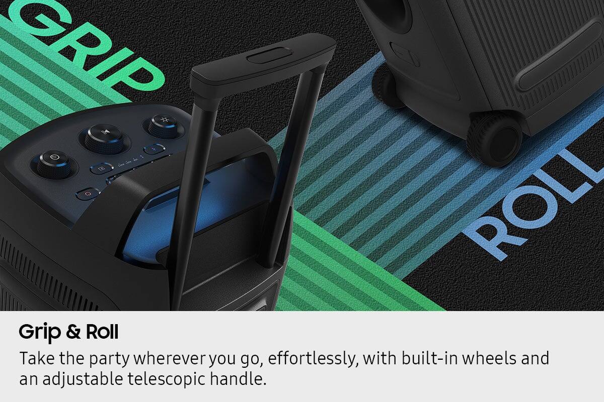 Grip & Roll

Take the party wherever you go, effortlessly, with built-in wheels and an adjustable telescopic handle.