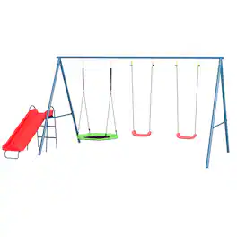 Outsunny - Swing Set for Backyard, 3 in 1 Design with 1 Nest Swing, 2 Seats, 1 Slide