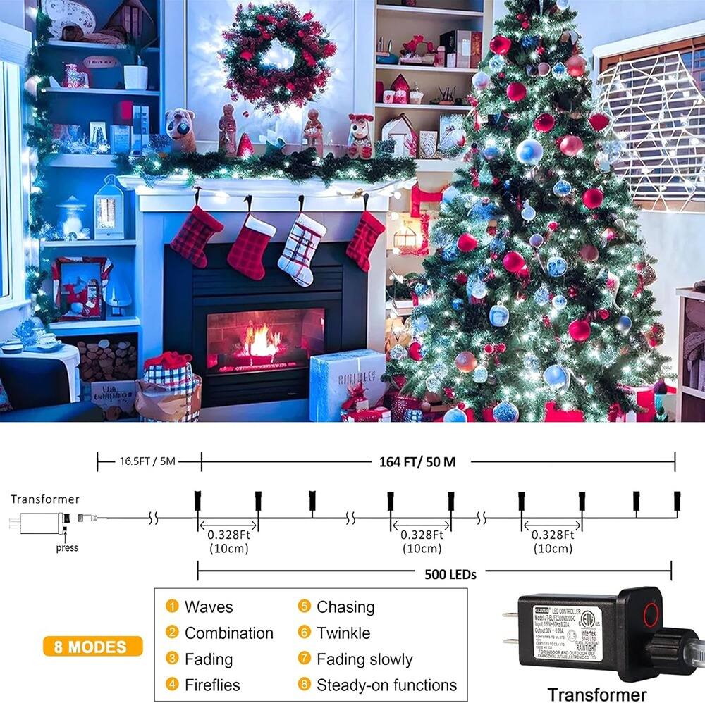 LEA ENIAUROs BOUUE 16.5FT / 5M 164 FT/ 50 M  
Transformer press 0.328Ft (10cm) 0.328Ft (10cm) 0.328Ft (10cm)  
500 LEDs  
8 MODES  
1 Waves  
2 Combination  
3 Fading  
4 Fireflies  
5 Chasing  
6 Twinkle  
7 Fading slowly  
8 Steady-on functions  

Transformer  
press  

16.5FT / 5M  
164 FT/ 50 M  
0.328Ft (10cm)  
0.328Ft (10cm)  
0.328Ft (10cm)  
500 LEDs  

LED CONTROLLER  
Transformer