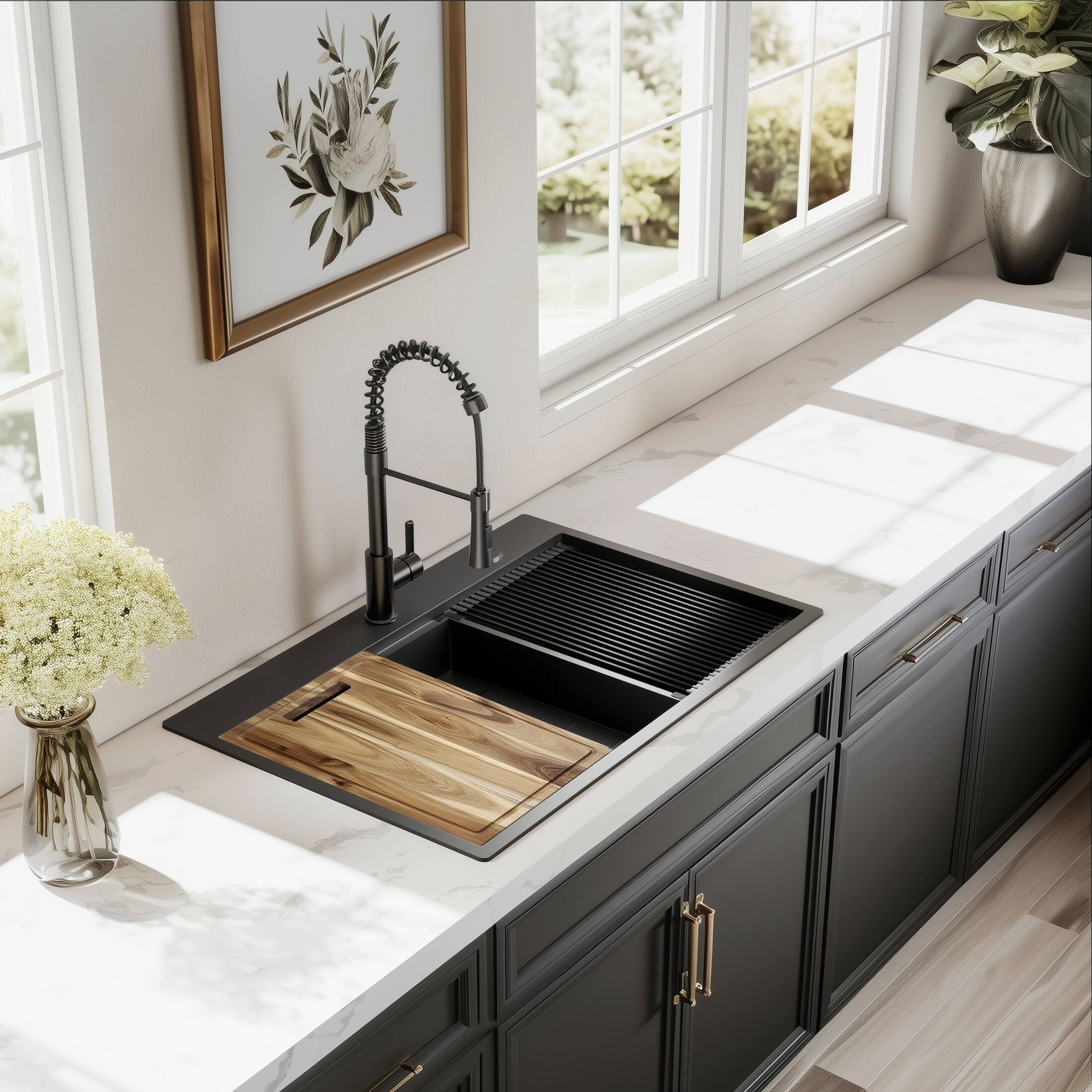 Alt View 6. Siljoy - 33" Gunmetal Black Drop-In Sink 18 Gauge Single Bowl Topmount Stainless Steel Kitchen Sink with Spring Neck Faucet - Gunmetal Black.