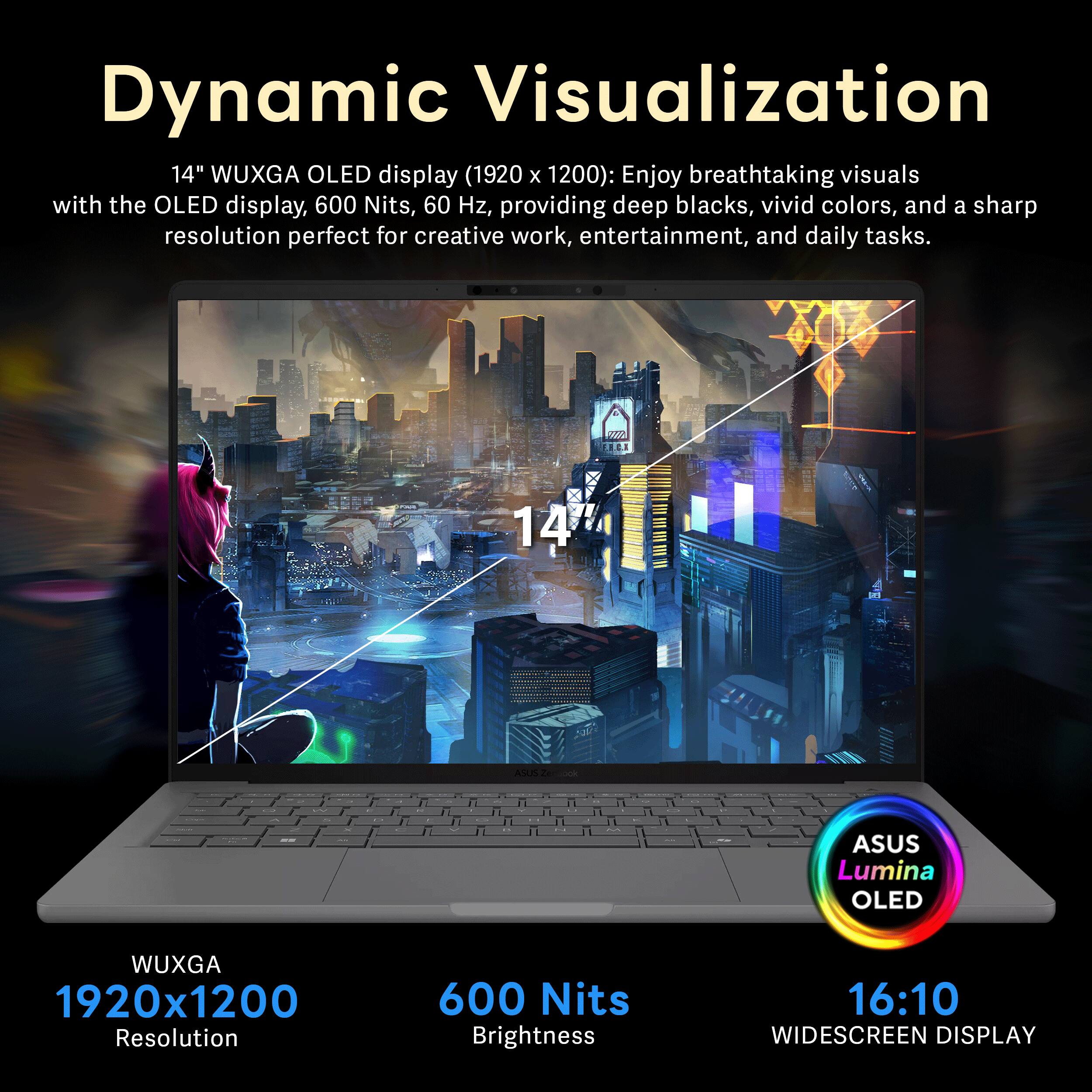 Dynamic Visualization

14" WUXGA OLED display (1920 x 1200): Enjoy breathtaking visuals with the OLED display, 600 Nits, 60 Hz, providing deep blacks, vivid colors, and a sharp resolution perfect for creative work, entertainment, and daily tasks.

20 HC 14 ASUE - ASUS Lumina OLED WUXGA 1920x1200 Resolution 600 Nits Brightness 16:10 WIDESCREEN DISPLAY