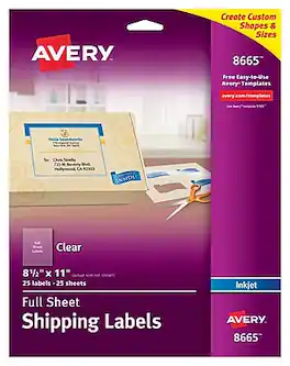 Avery - Inkjet Shipping Labels, 8 1/2" x 11", Matte 25 Labels/Pack (8665) - Clear