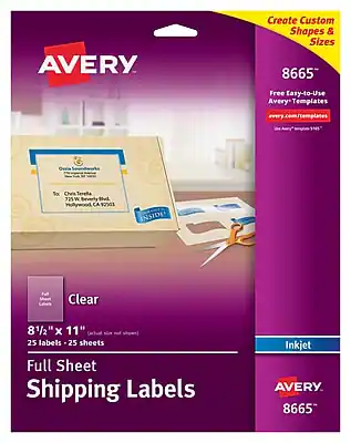 AVERY
Create Custom Shapes & Sizes
8665
Free Easy-to-Use Avery Templates
avery.com/templates
Clear
8½" x 11"
25 labels - 25 sheets
Full Sheet Shipping Labels
Inkjet
AVERY
8665