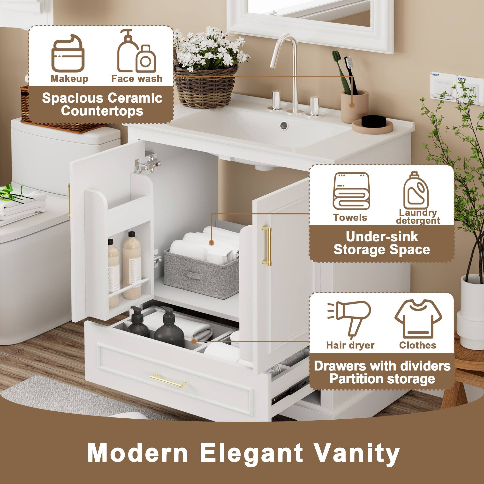 - Makeup
- Face wash
- Spacious Ceramic Countertops

- Towels
- Laundry detergent
- Under-sink Storage Space

- Hair dryer
- Clothes
- Drawers with dividers
- Partition storage

Modern Elegant Vanity