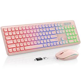 HM 1810 - Wireless And Mouse Combo Rgb Backlit Rechargeable Light Up Letters Full size Soft Typing Sleep Mode 2 4ghz - Pink
