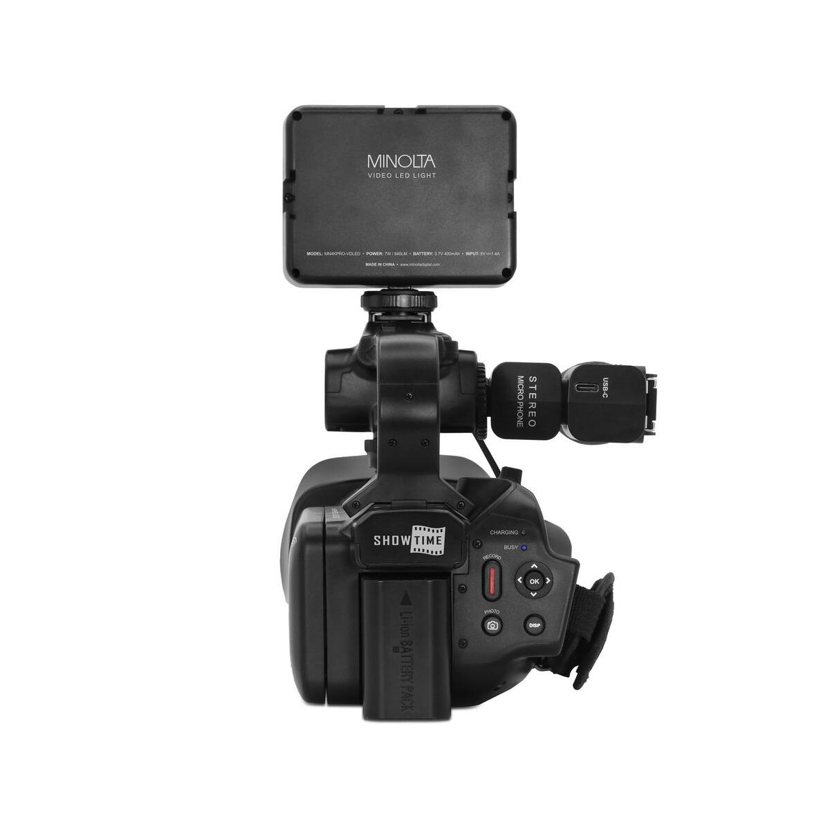 MINOLTA VIDEO LED LIGHT

soco.: MINKPRO-VOLED KAMP to. MILM BATTERNO 6 pomas NOT SEVETAR

MICRO PHONE
STEREO
USB.G
SHOW TIME
CHARGING 4 BUSY CARD
Li-ion BATTERY PACK
OK V DISP