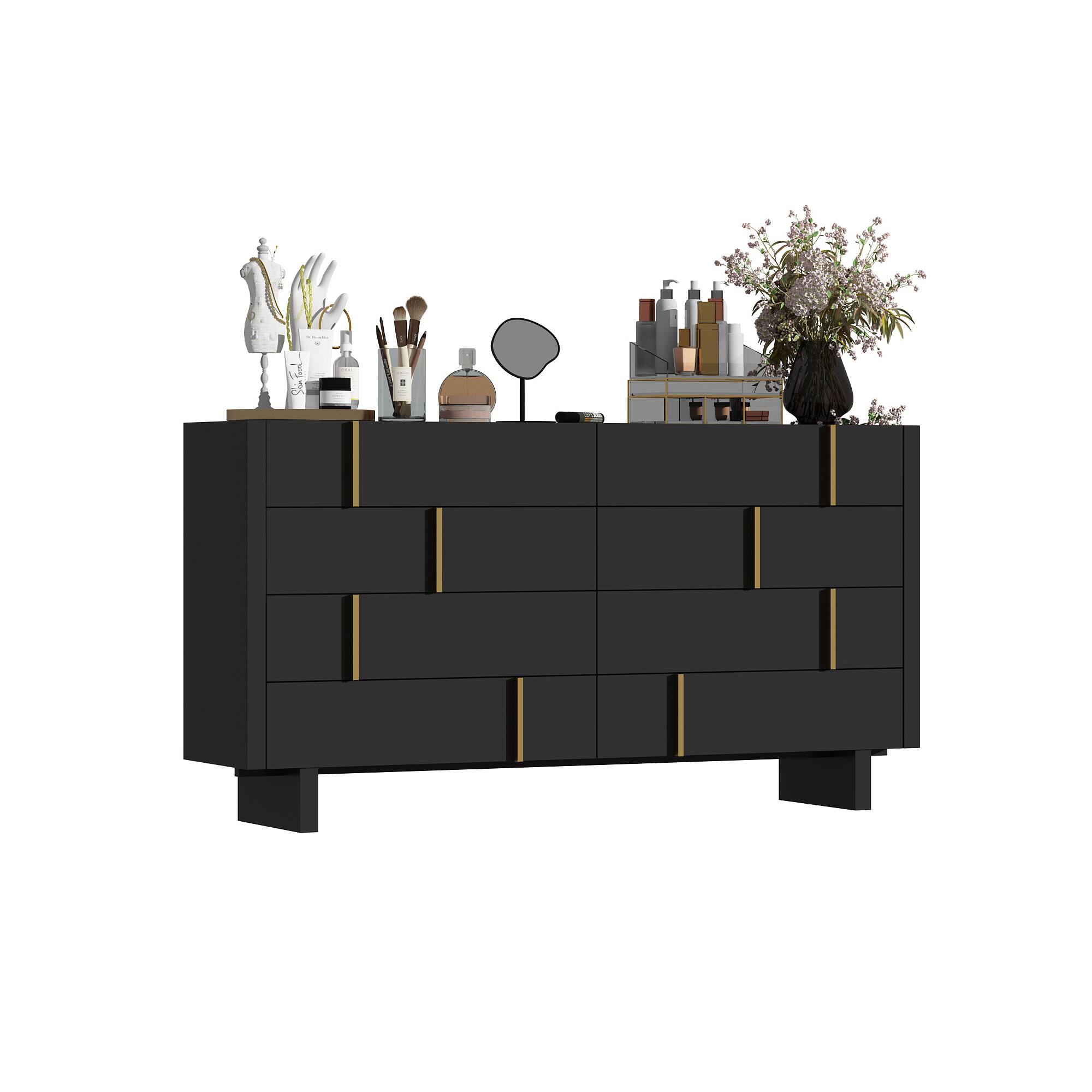 Angle. Famapy - Famapy 8 - Drawer Horizontal Dresser: Anti - Tip & Elegant Gold - Accent Design - Black.